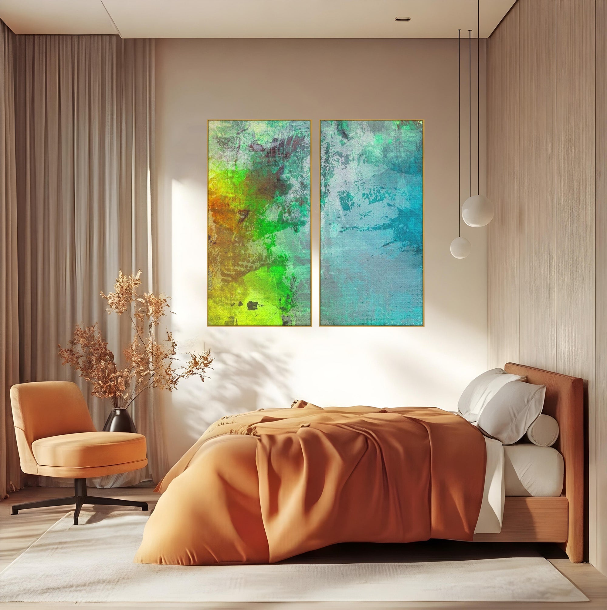 Set 2 Tablouri Canvas Premium LuxCanva® A2-1091, Colorful Green, Abstract, Verde, Blue, Multicolor, Culori Vibrante