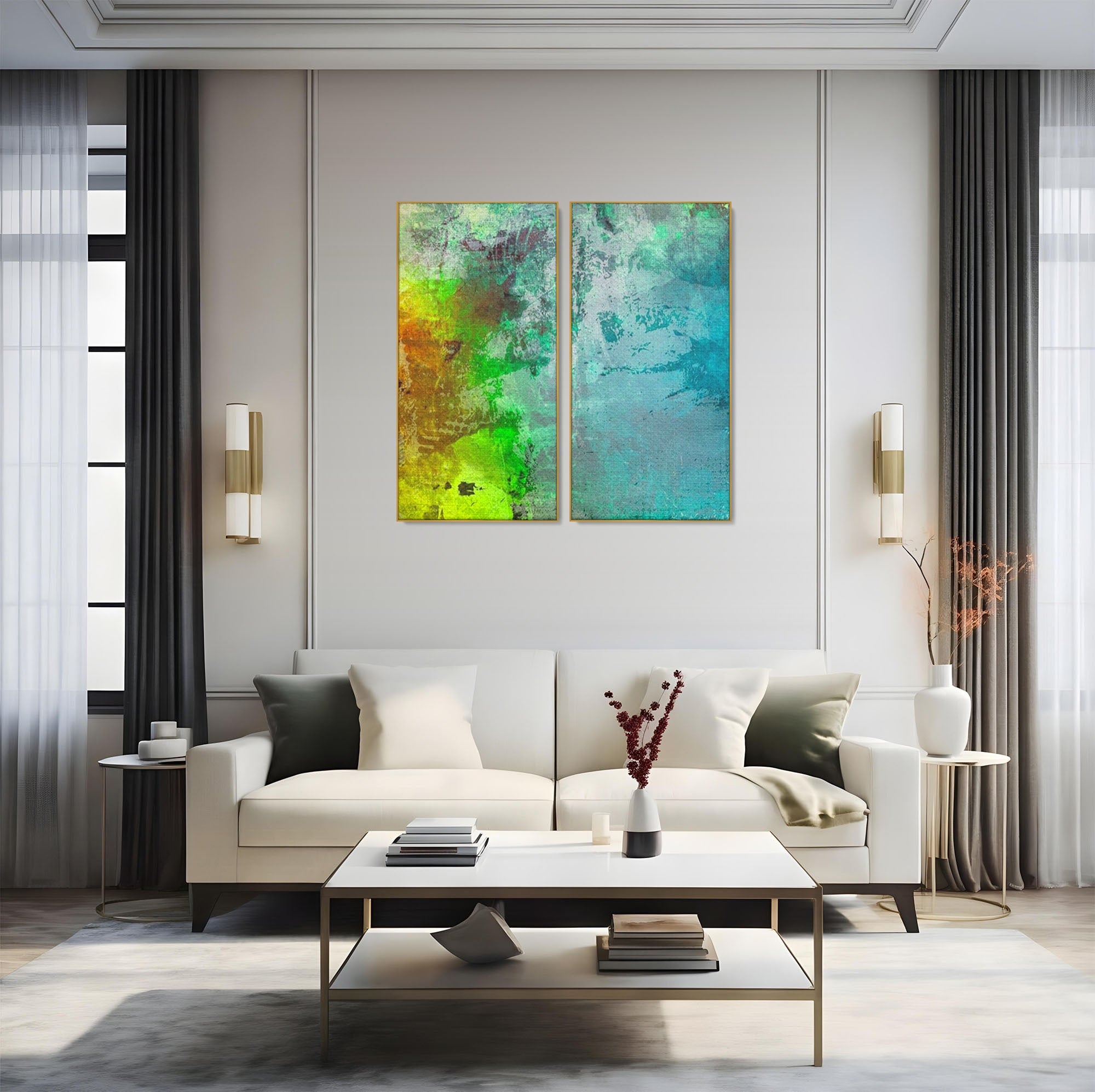 Set 2 Tablouri Canvas Premium LuxCanva® A2-1091, Colorful Green, Abstract, Verde, Blue, Multicolor, Culori Vibrante