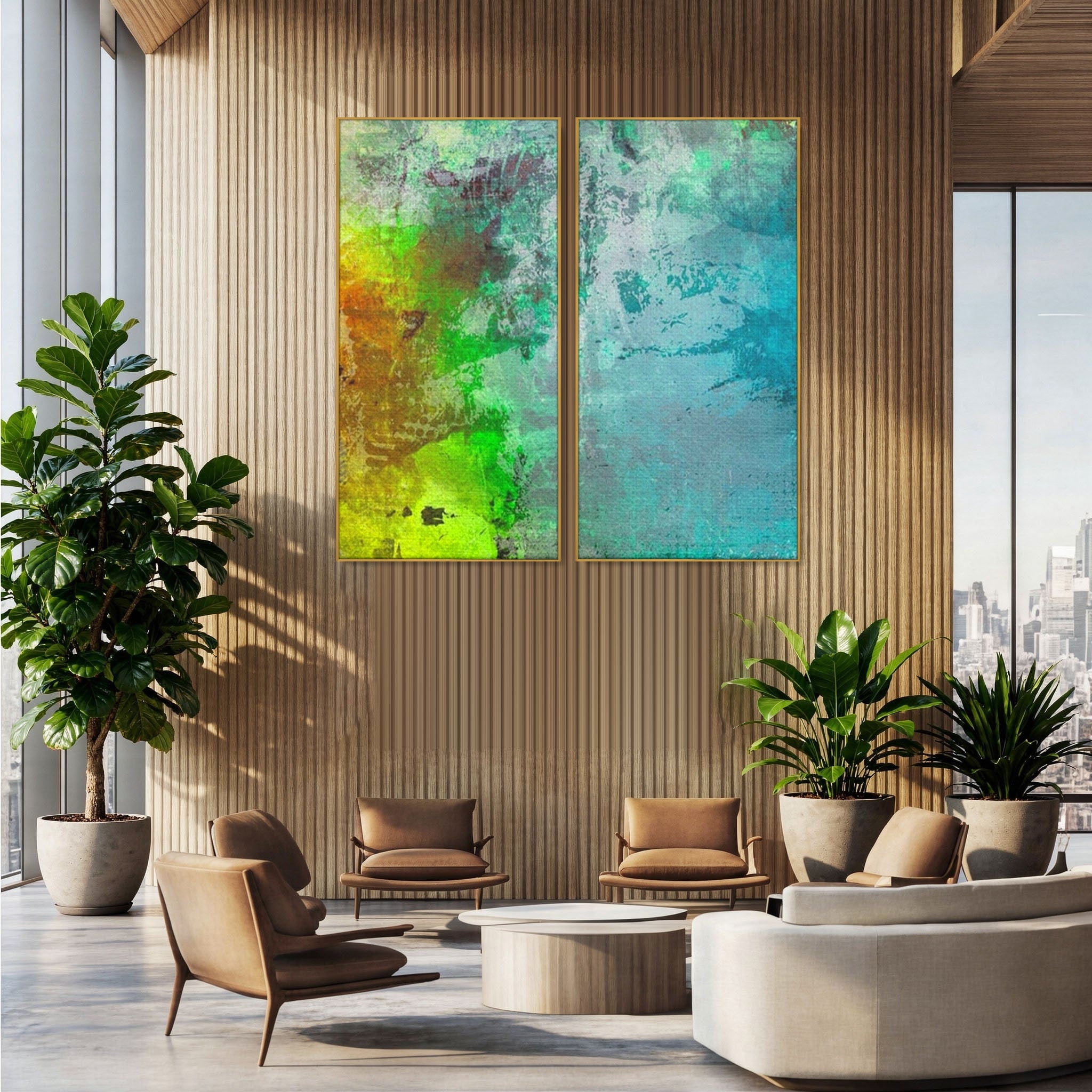 Set 2 Tablouri Canvas Premium LuxCanva® A2-1091, Colorful Green, Abstract, Verde, Blue, Multicolor, Culori Vibrante