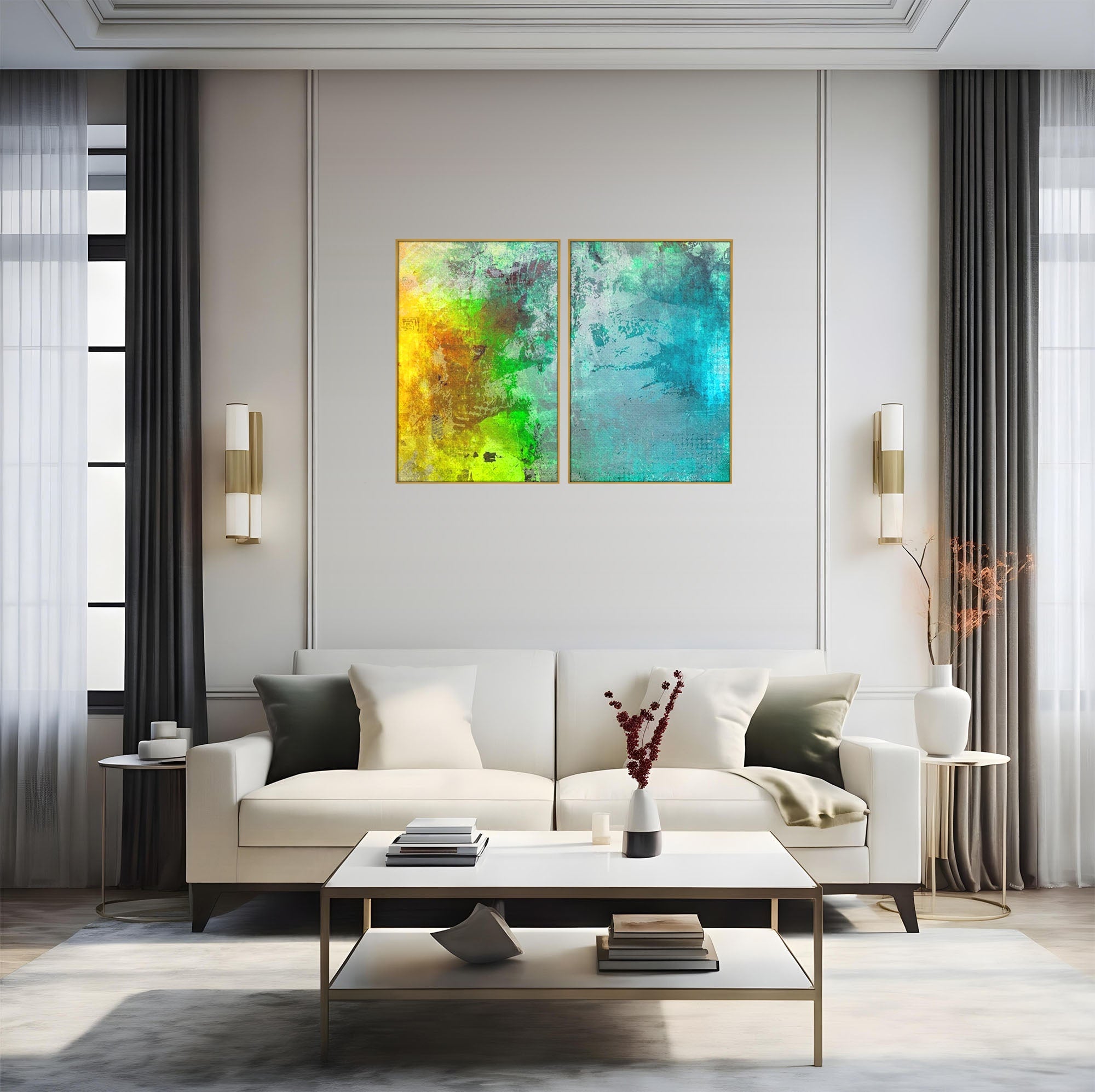 Set 2 Tablouri Canvas Premium LuxCanva® A2-1091, Colorful Green, Abstract, Verde, Blue, Multicolor, Culori Vibrante