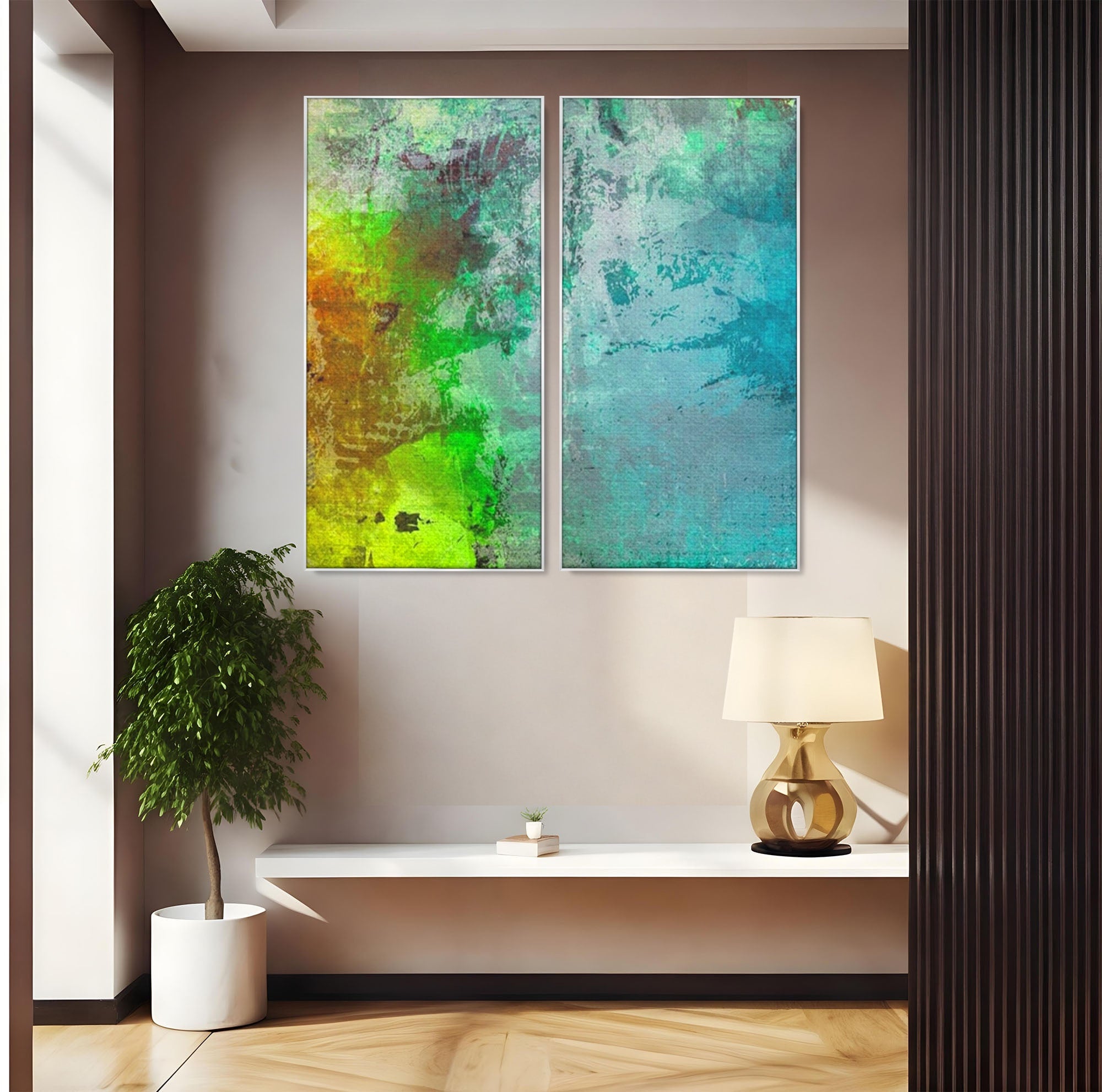 Set 2 Tablouri Canvas Premium LuxCanva® A2-1091, Colorful Green, Abstract, Verde, Blue, Multicolor, Culori Vibrante