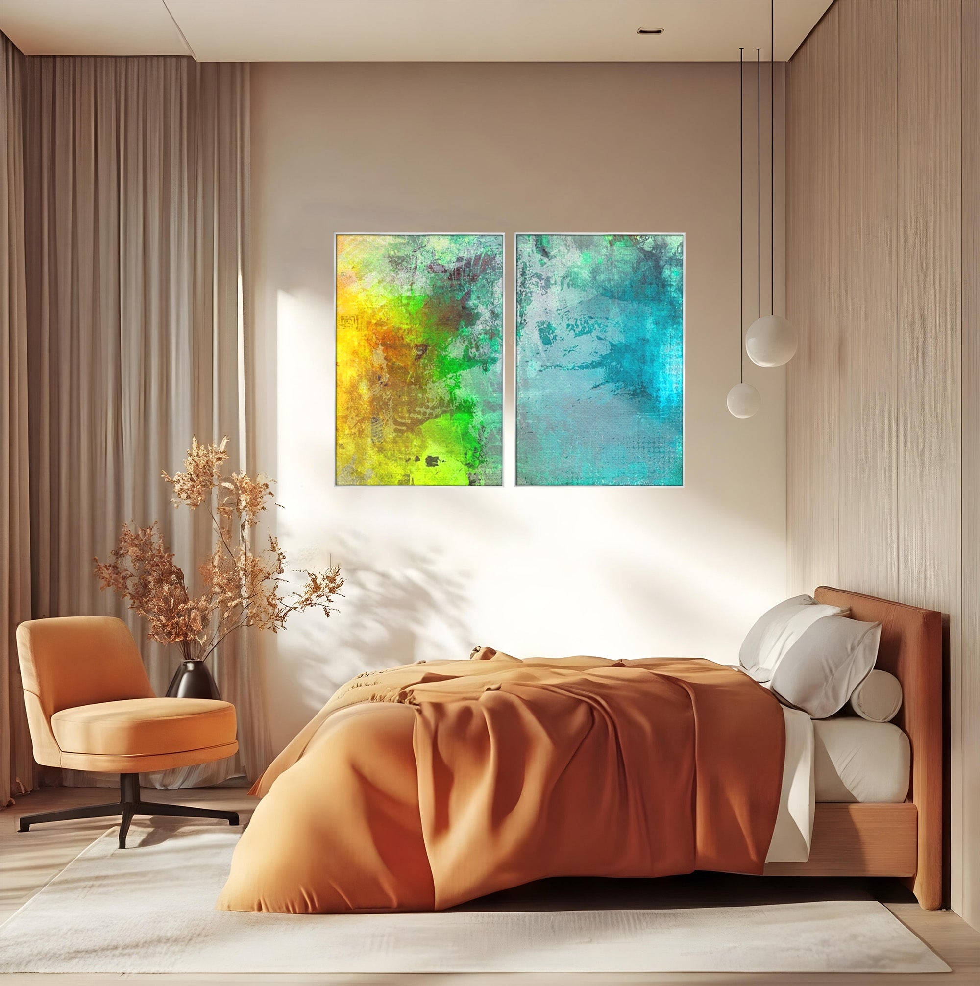 Set 2 Tablouri Canvas Premium LuxCanva® A2-1091, Colorful Green, Abstract, Verde, Blue, Multicolor, Culori Vibrante