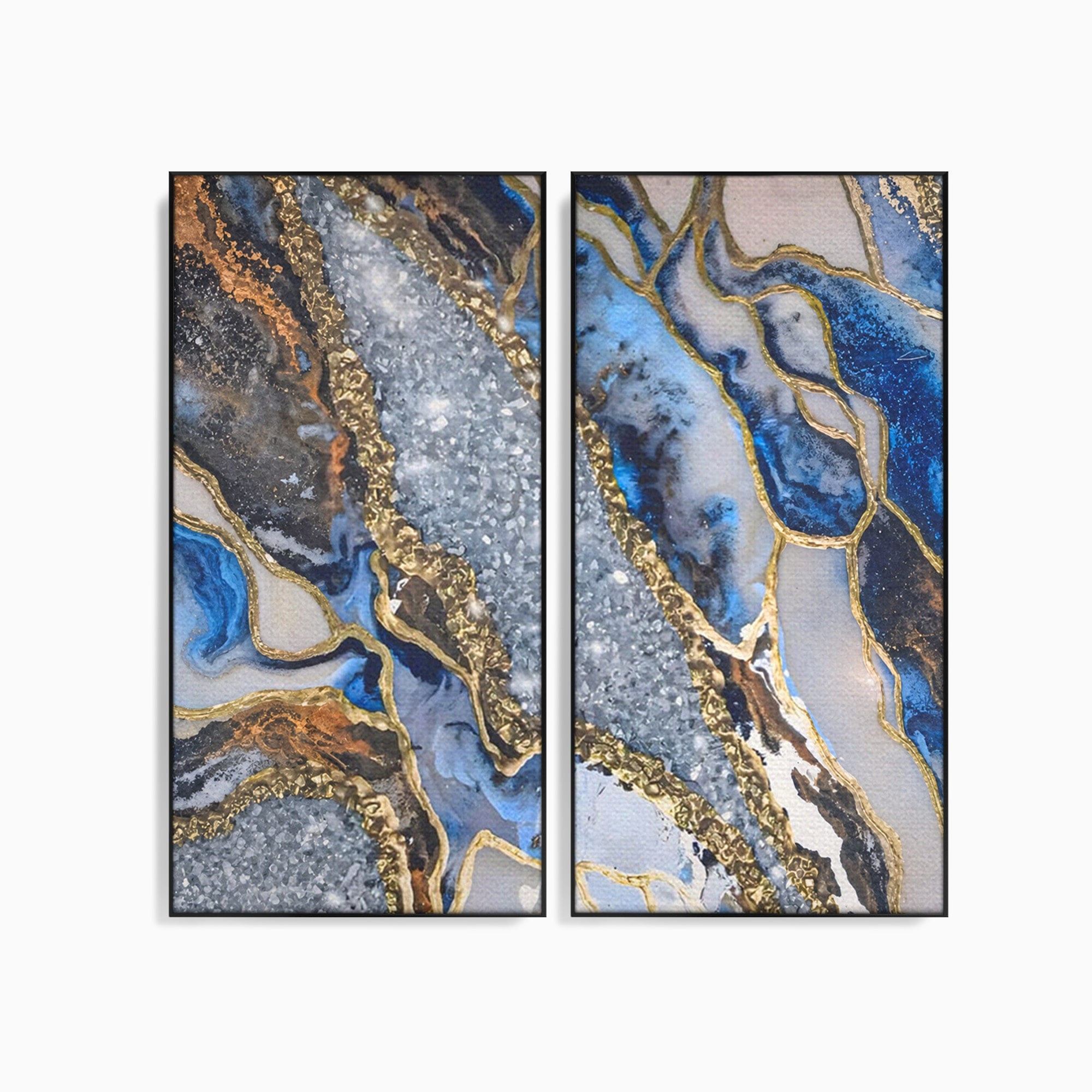 Set 2 Tablouri Canvas Premium LuxCanva® A2-1130, Marmura Albastra, Abstract, Auriu, Colorat, Arta, Culori Vibrante
