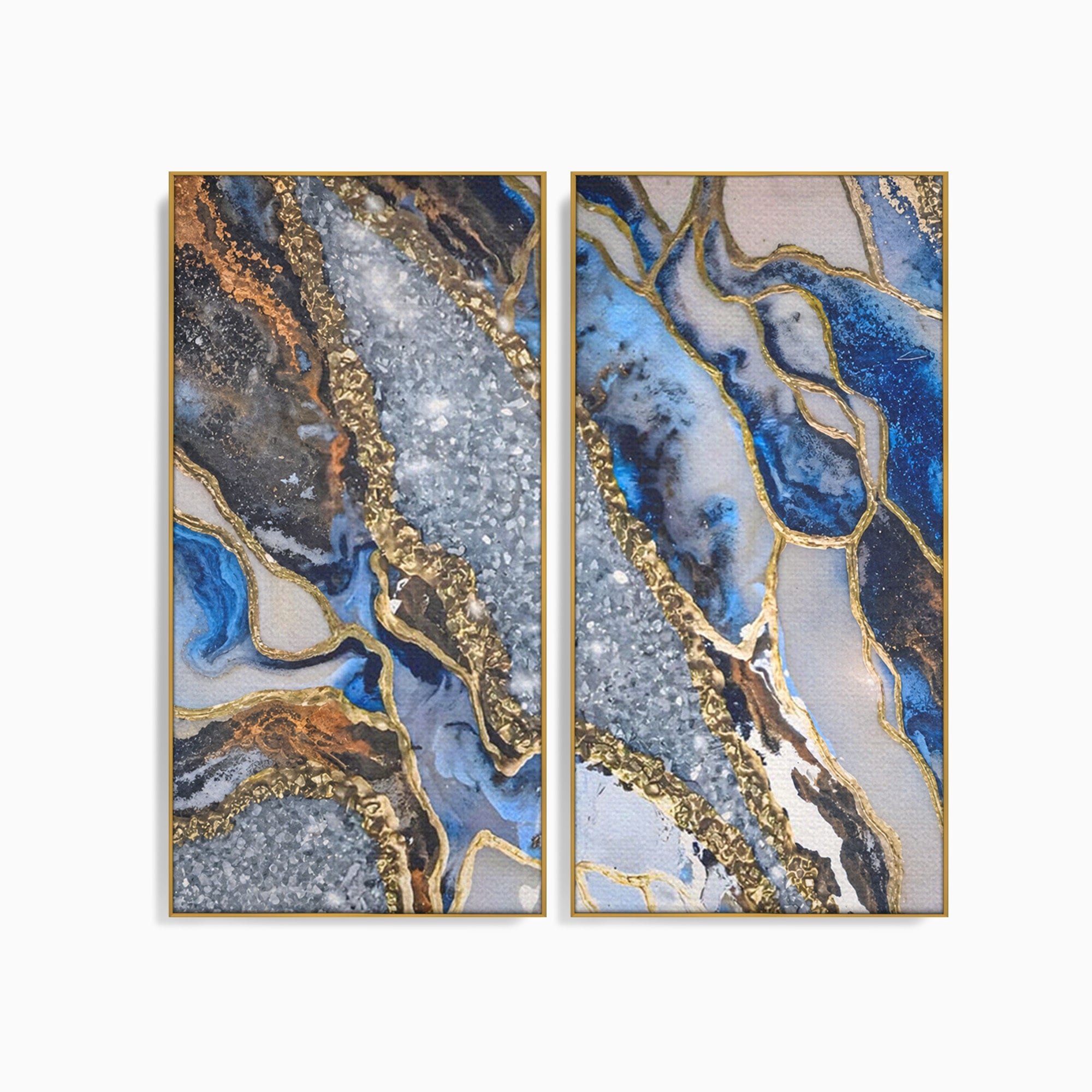 Set 2 Tablouri Canvas Premium LuxCanva® A2-1130, Marmura Albastra, Abstract, Auriu, Colorat, Arta, Culori Vibrante