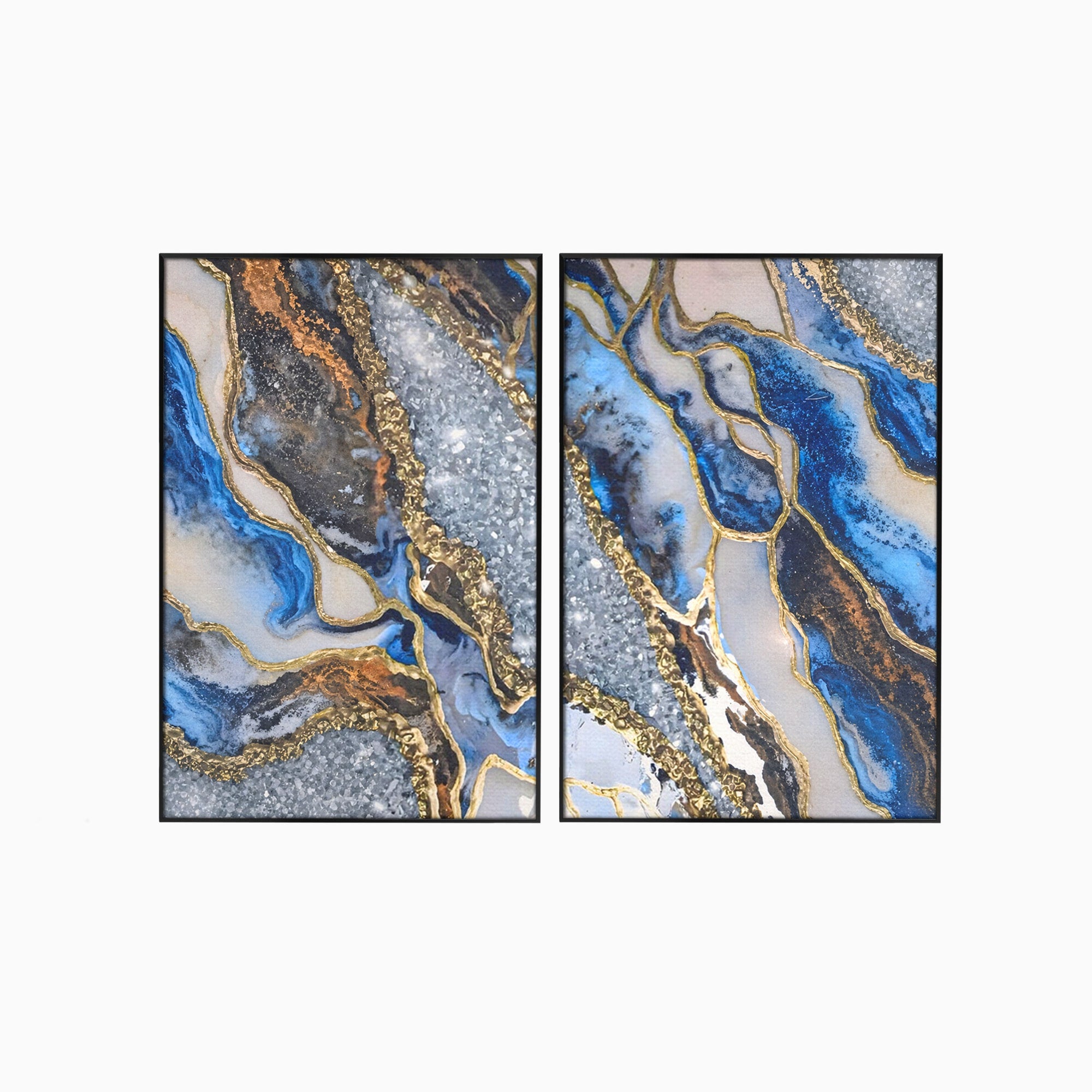 Set 2 Tablouri Canvas Premium LuxCanva® A2-1130, Marmura Albastra, Abstract, Auriu, Colorat, Arta, Culori Vibrante
