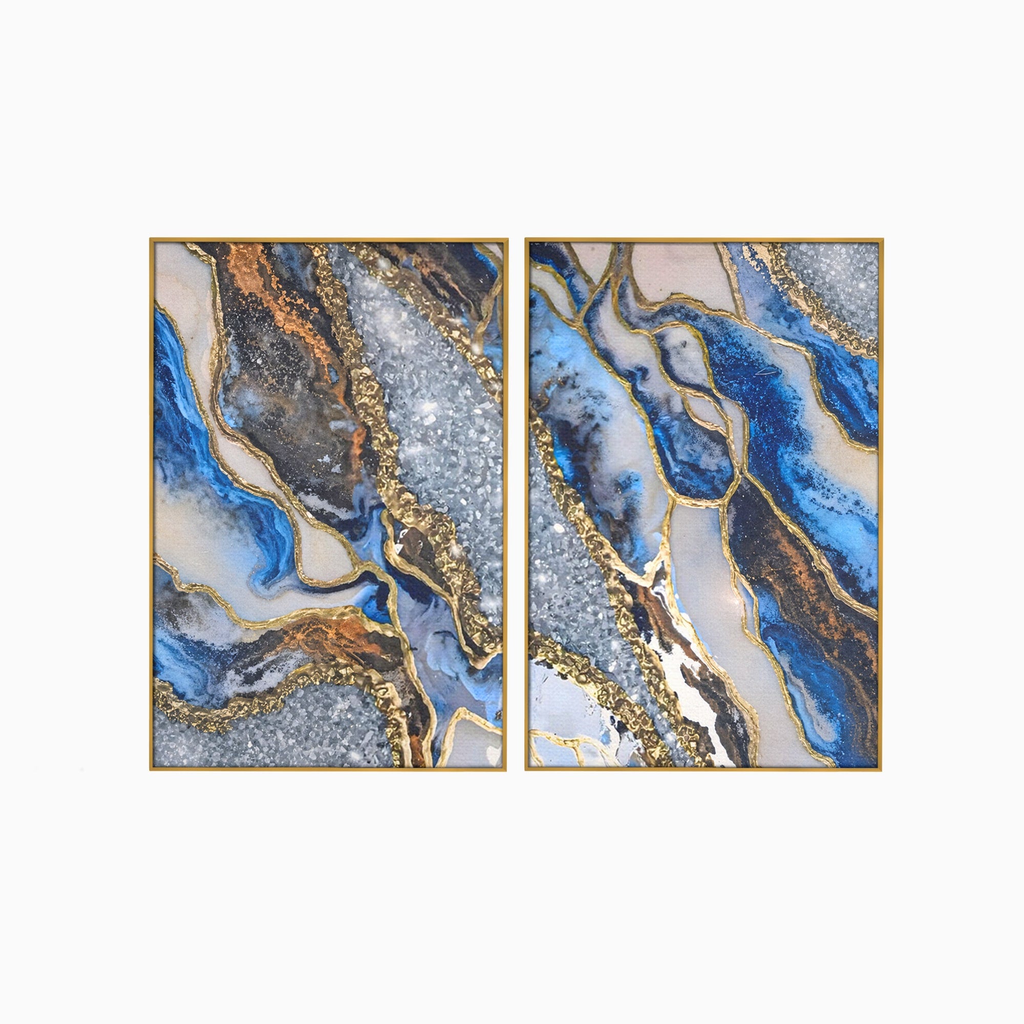 Set 2 Tablouri Canvas Premium LuxCanva® A2-1130, Marmura Albastra, Abstract, Auriu, Colorat, Arta, Culori Vibrante