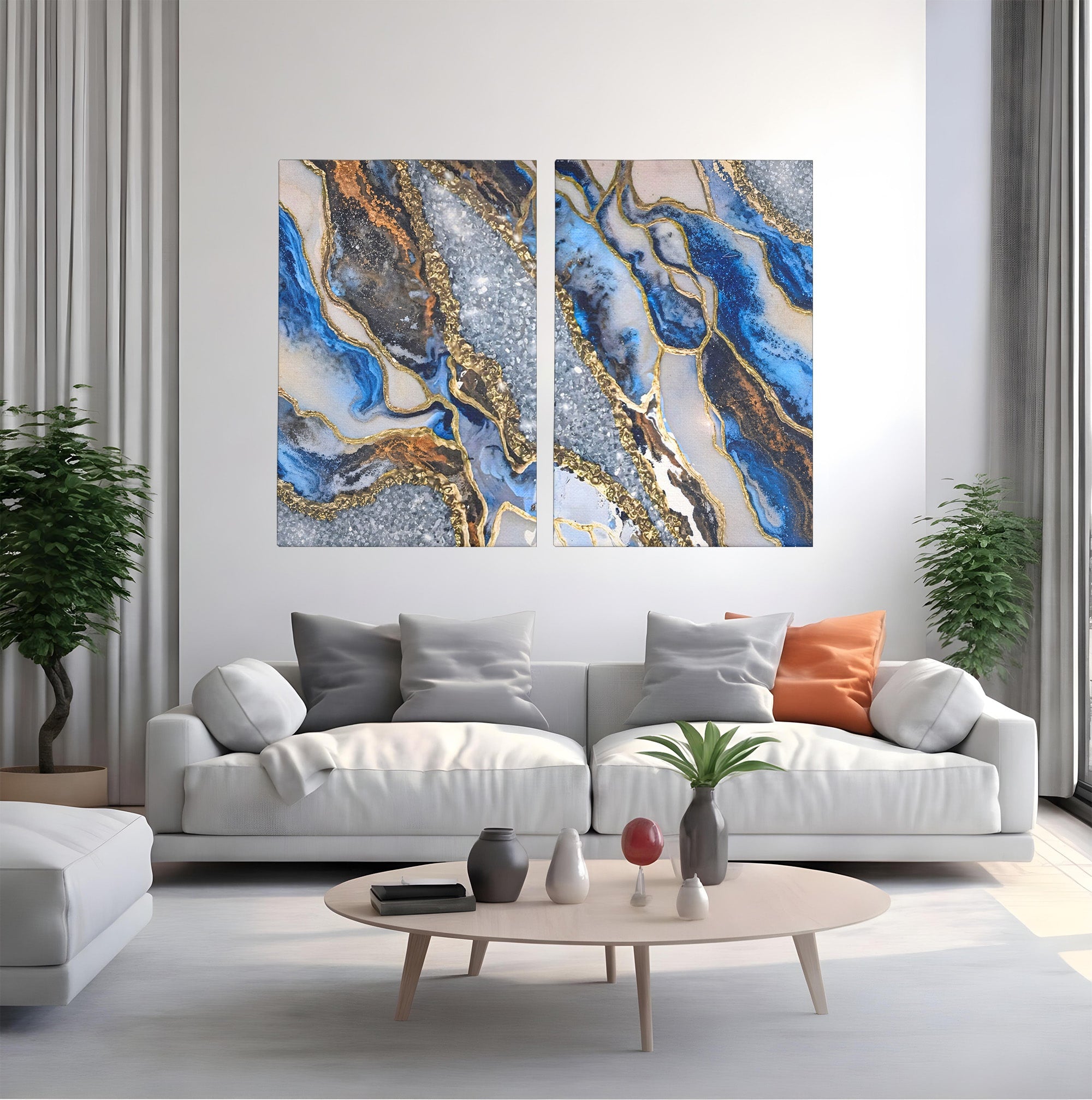 Set 2 Tablouri Canvas Premium LuxCanva® A2-1130, Marmura Albastra, Abstract, Auriu, Colorat, Arta, Culori Vibrante