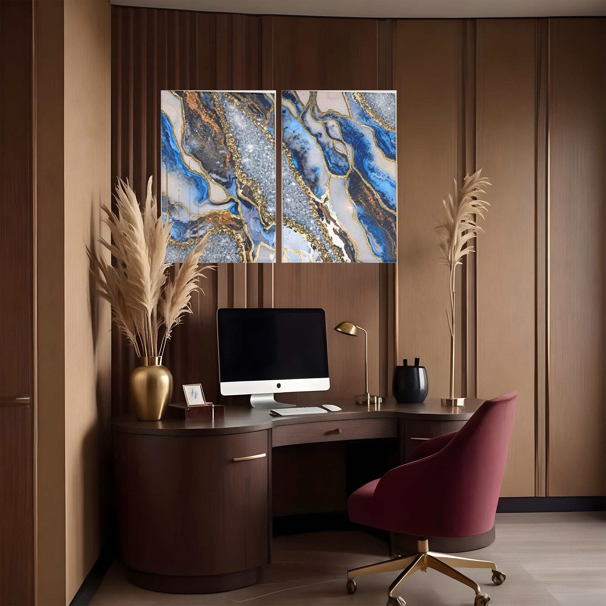 Set 2 Tablouri Canvas Premium LuxCanva® A2-1130, Marmura Albastra, Abstract, Auriu, Colorat, Arta, Culori Vibrante