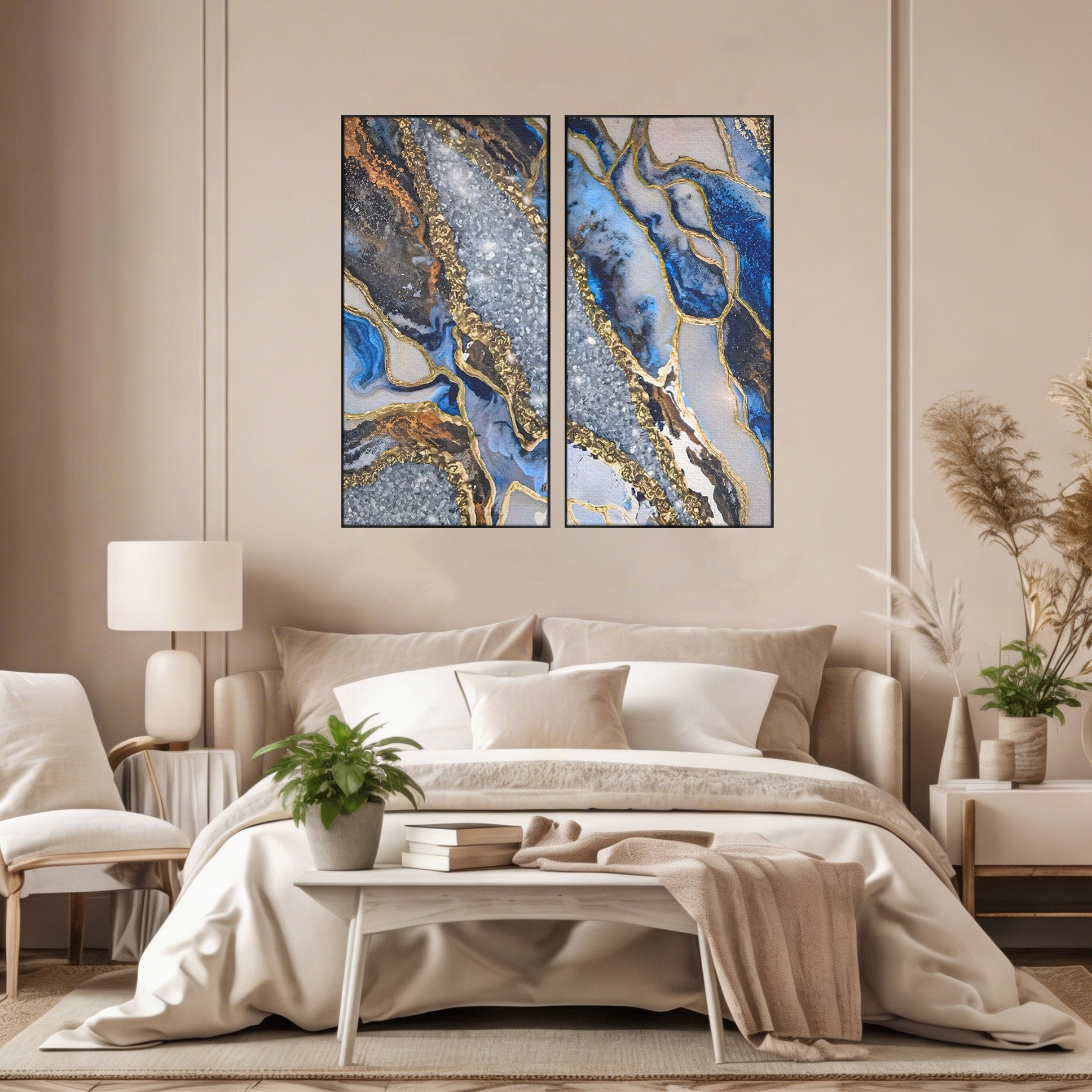 Set 2 Tablouri Canvas Premium LuxCanva® A2-1130, Marmura Albastra, Abstract, Auriu, Colorat, Arta, Culori Vibrante