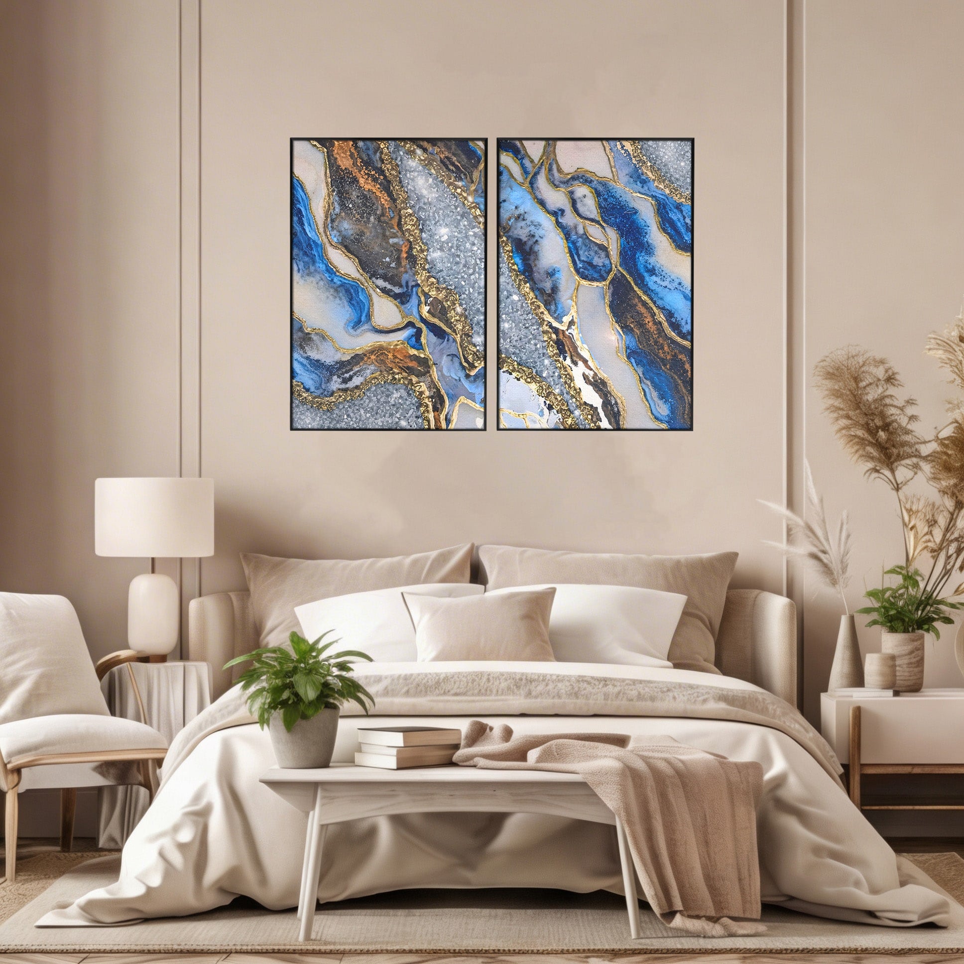 Set 2 Tablouri Canvas Premium LuxCanva® A2-1130, Marmura Albastra, Abstract, Auriu, Colorat, Arta, Culori Vibrante