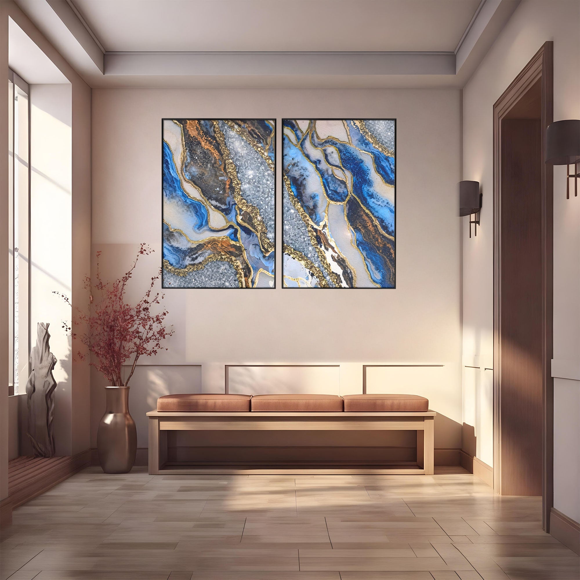 Set 2 Tablouri Canvas Premium LuxCanva® A2-1130, Marmura Albastra, Abstract, Auriu, Colorat, Arta, Culori Vibrante