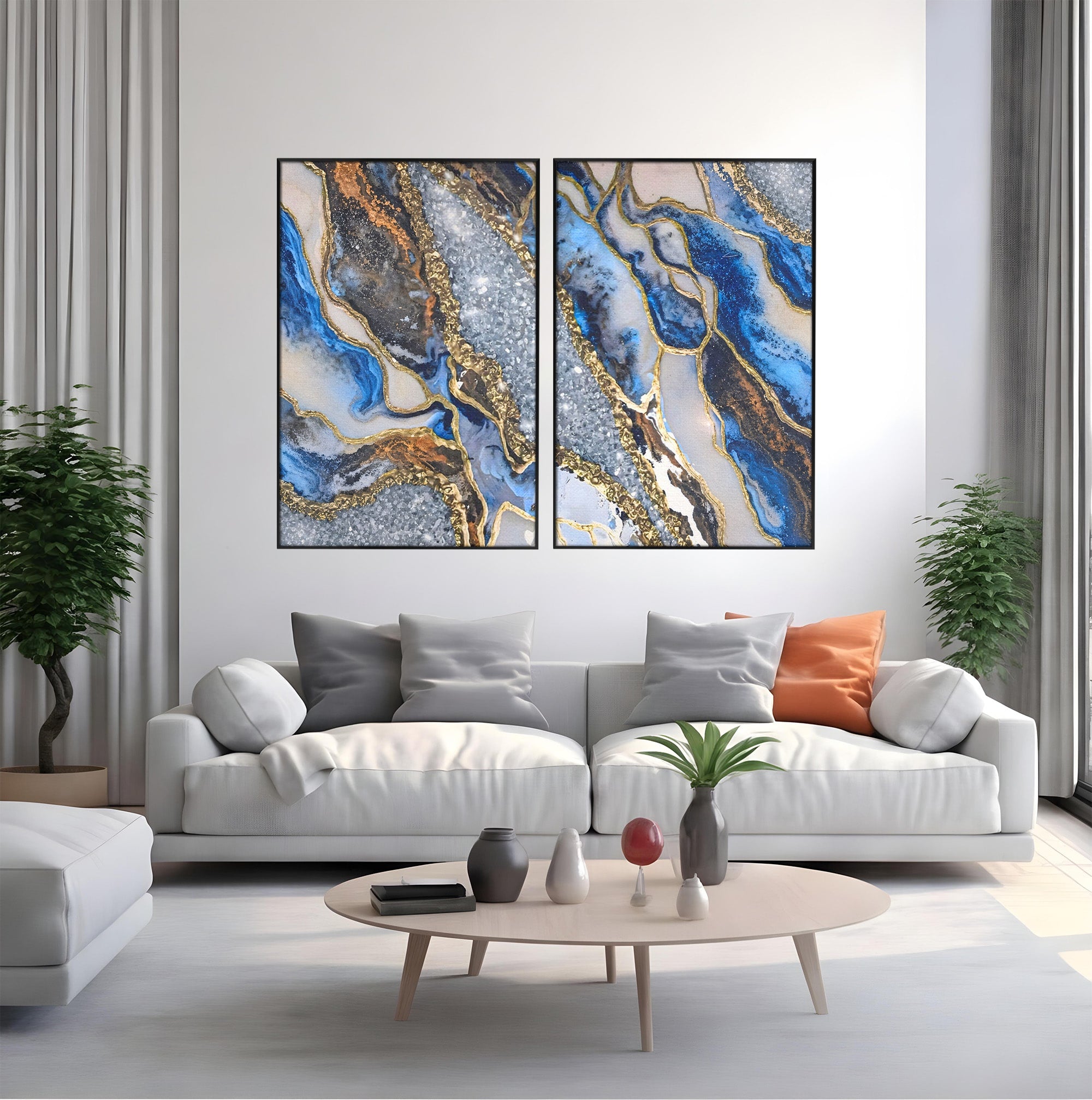 Set 2 Tablouri Canvas Premium LuxCanva® A2-1130, Marmura Albastra, Abstract, Auriu, Colorat, Arta, Culori Vibrante