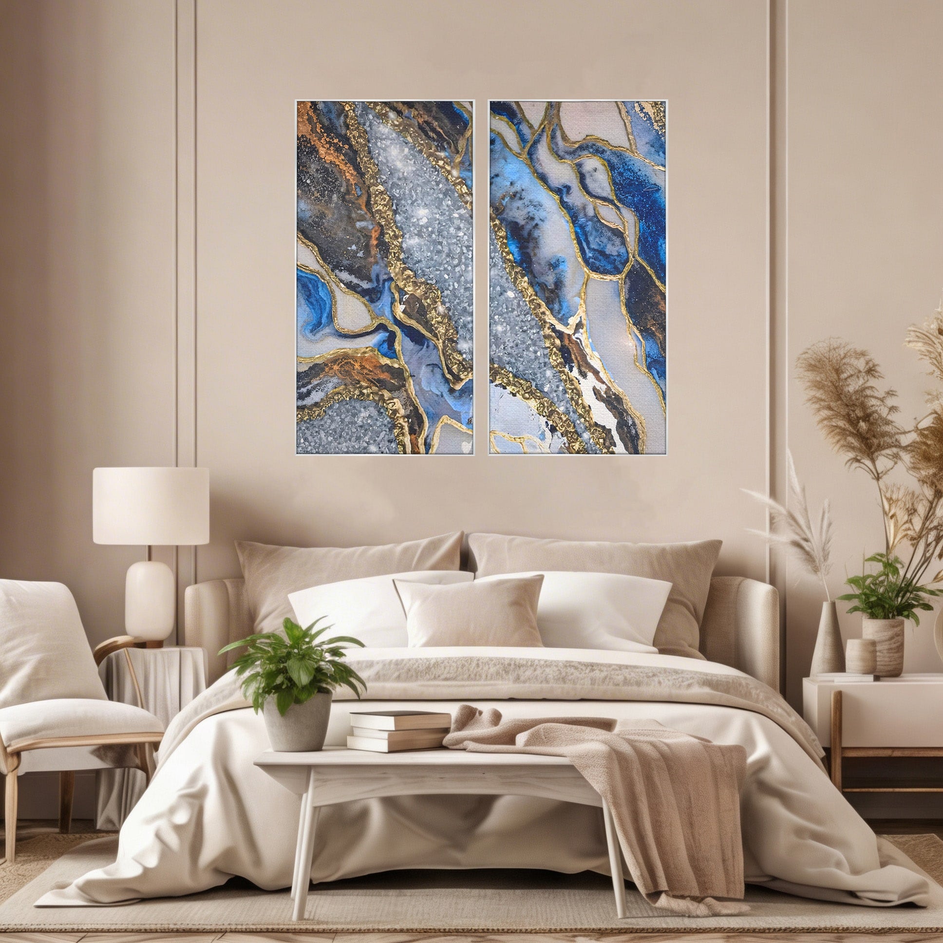 Set 2 Tablouri Canvas Premium LuxCanva® A2-1130, Marmura Albastra, Abstract, Auriu, Colorat, Arta, Culori Vibrante