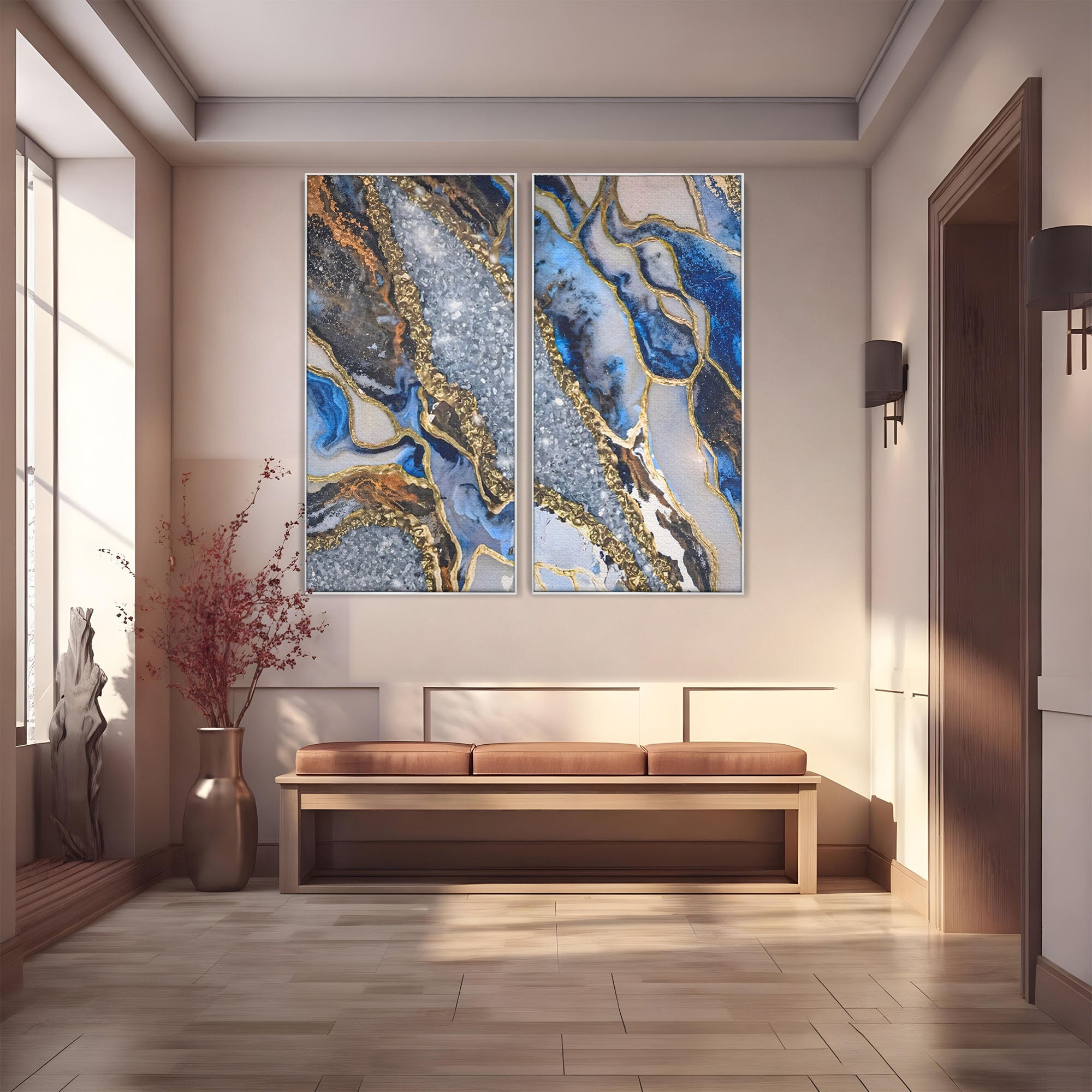 Set 2 Tablouri Canvas Premium LuxCanva® A2-1130, Marmura Albastra, Abstract, Auriu, Colorat, Arta, Culori Vibrante
