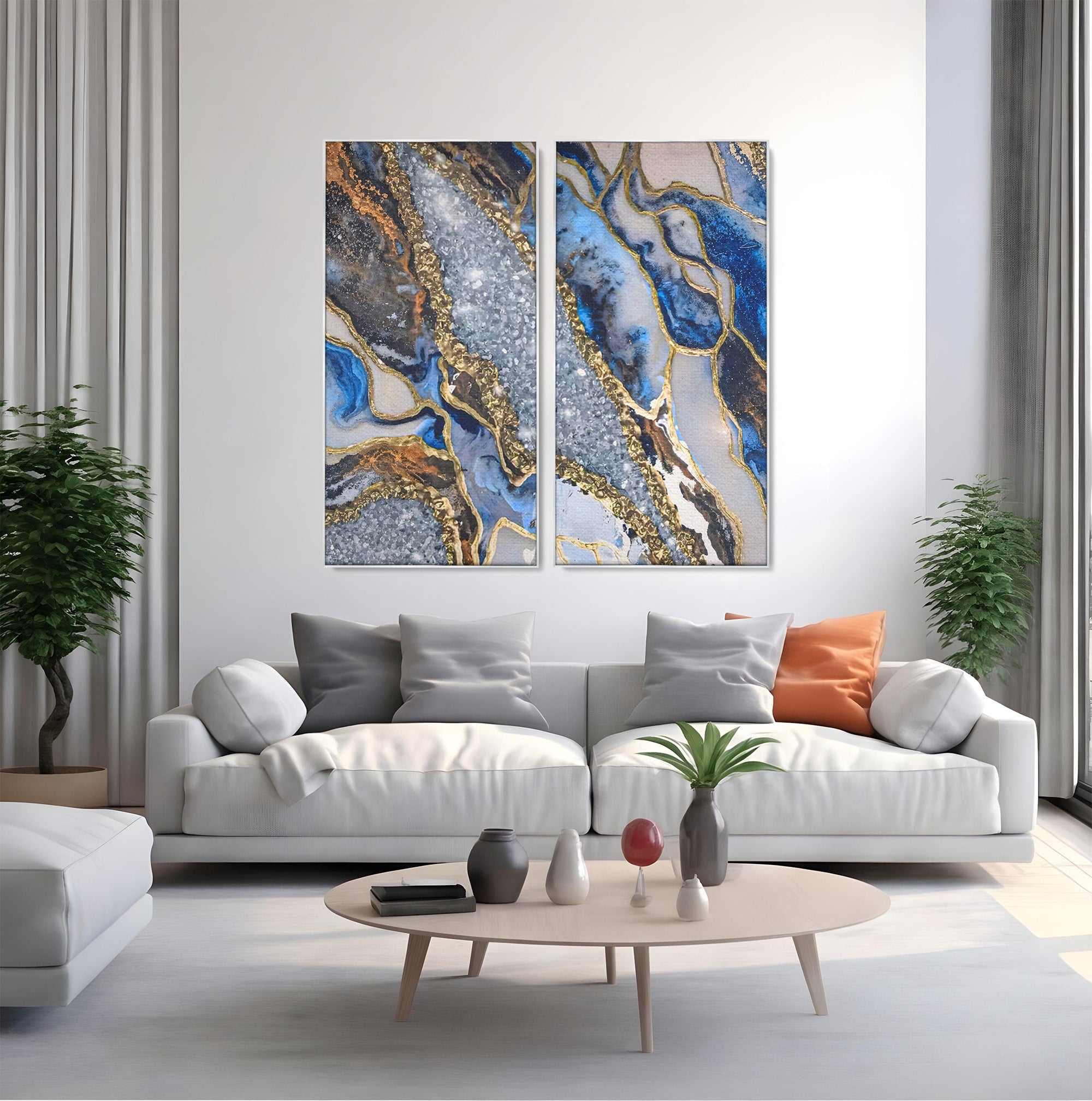 Set 2 Tablouri Canvas Premium LuxCanva® A2-1130, Marmura Albastra, Abstract, Auriu, Colorat, Arta, Culori Vibrante