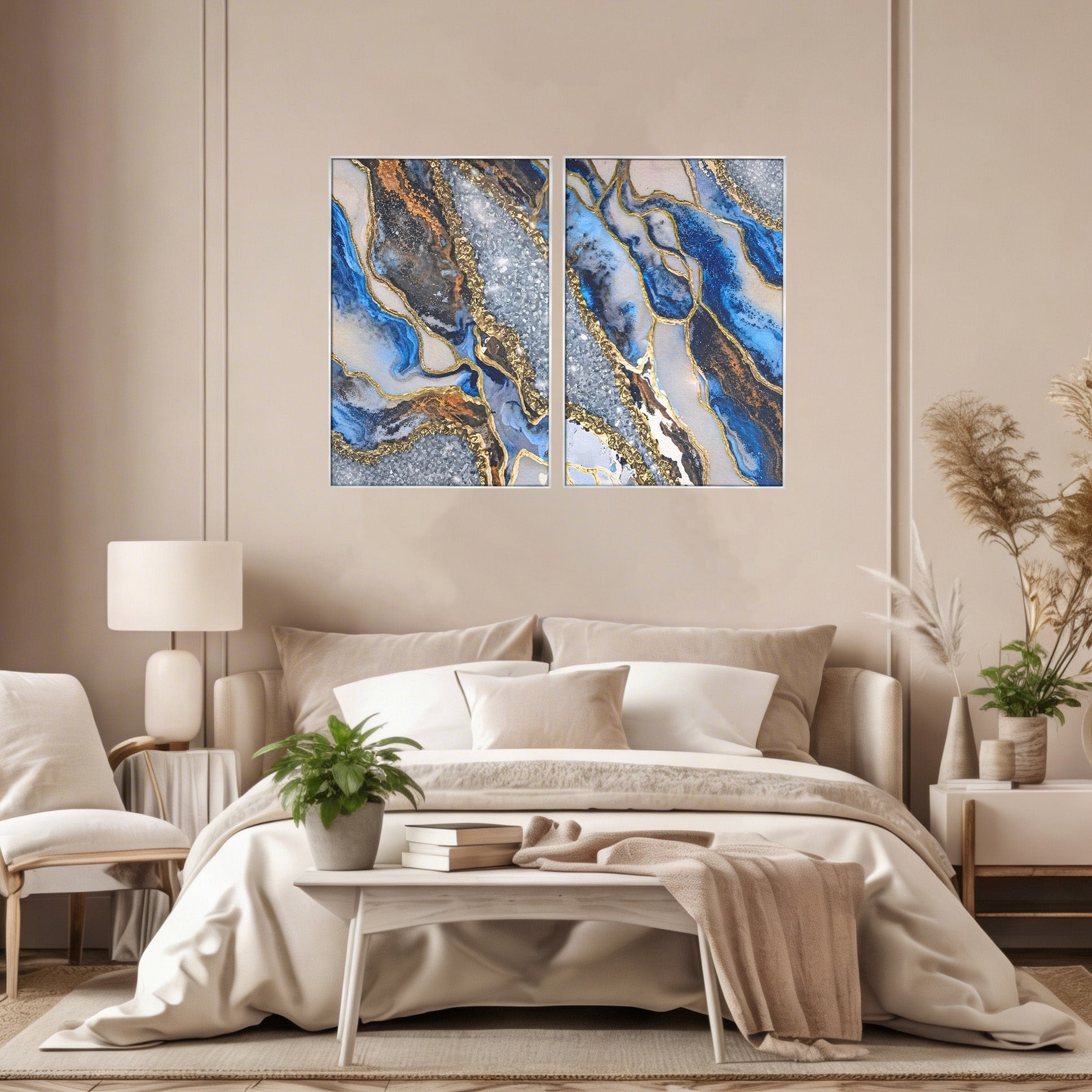 Set 2 Tablouri Canvas Premium LuxCanva® A2-1130, Marmura Albastra, Abstract, Auriu, Colorat, Arta, Culori Vibrante