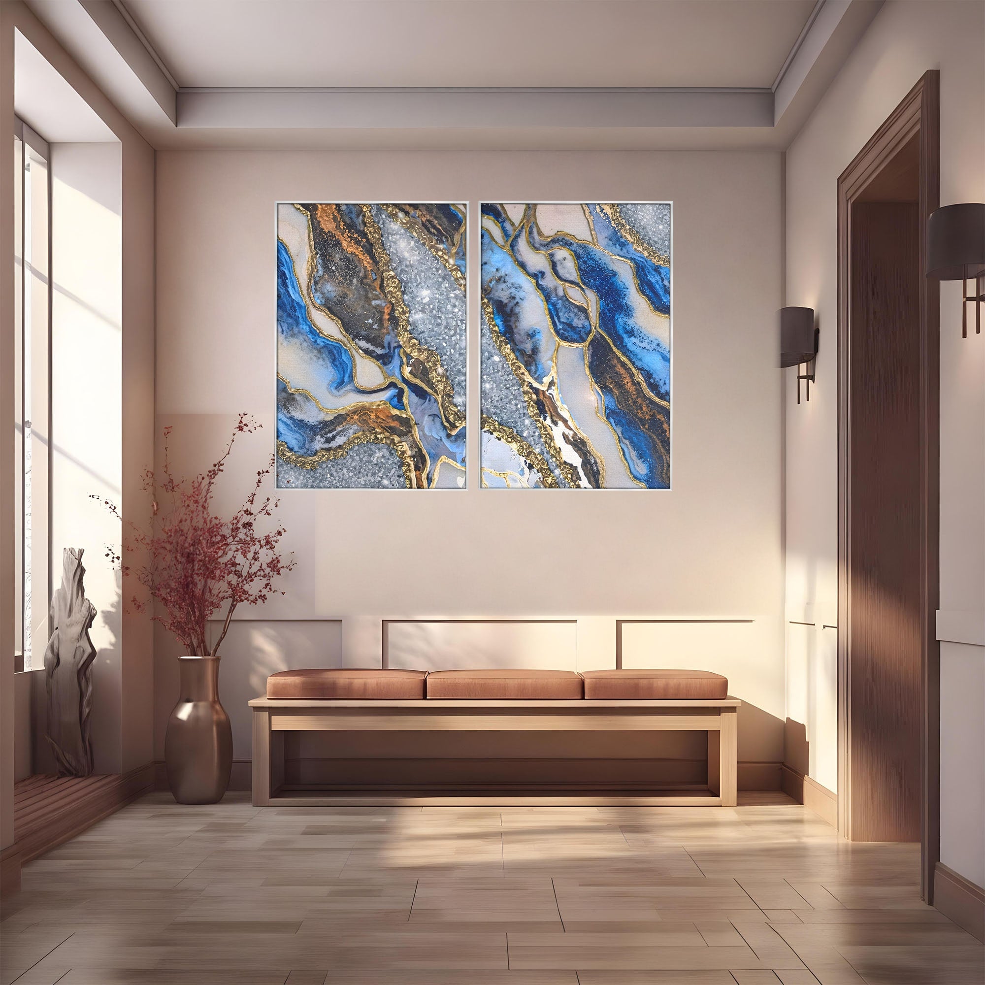 Set 2 Tablouri Canvas Premium LuxCanva® A2-1130, Marmura Albastra, Abstract, Auriu, Colorat, Arta, Culori Vibrante