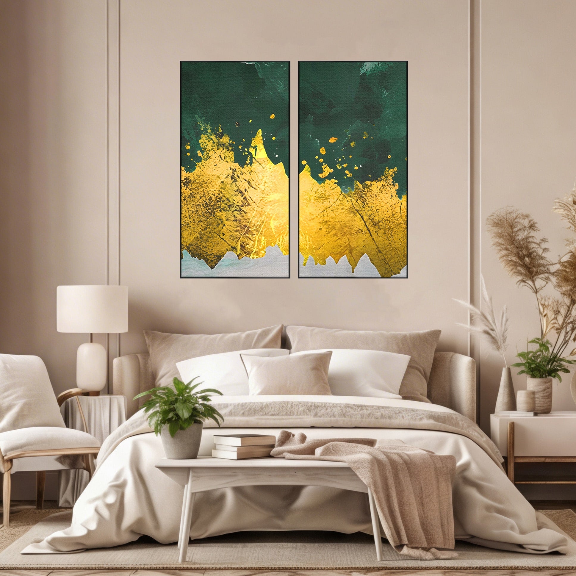 Set 2 Tablouri Canvas Premium LuxCanva® A2-1179, Green Design, Verde, Cafenea, Auriu, Culori Vibrante