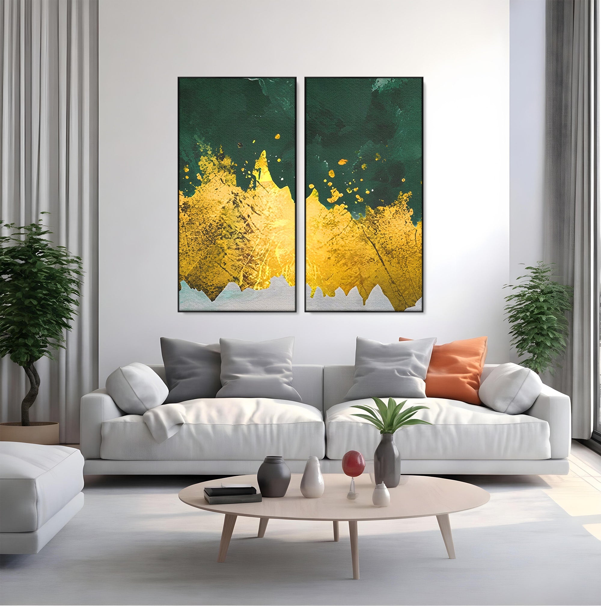 Set 2 Tablouri Canvas Premium LuxCanva® A2-1179, Green Design, Verde, Cafenea, Auriu, Culori Vibrante
