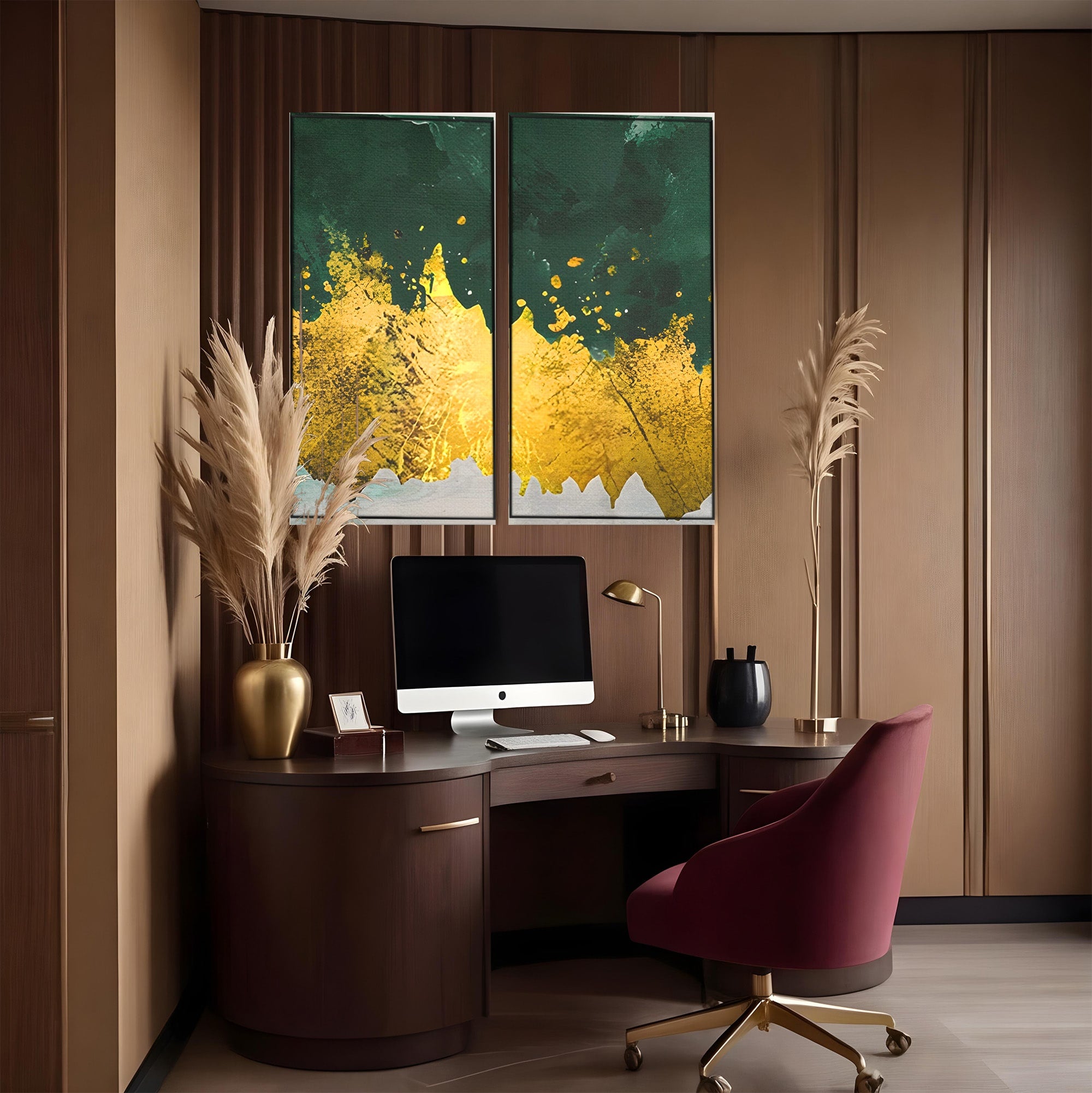 Set 2 Tablouri Canvas Premium LuxCanva® A2-1179, Green Design, Verde, Cafenea, Auriu, Culori Vibrante