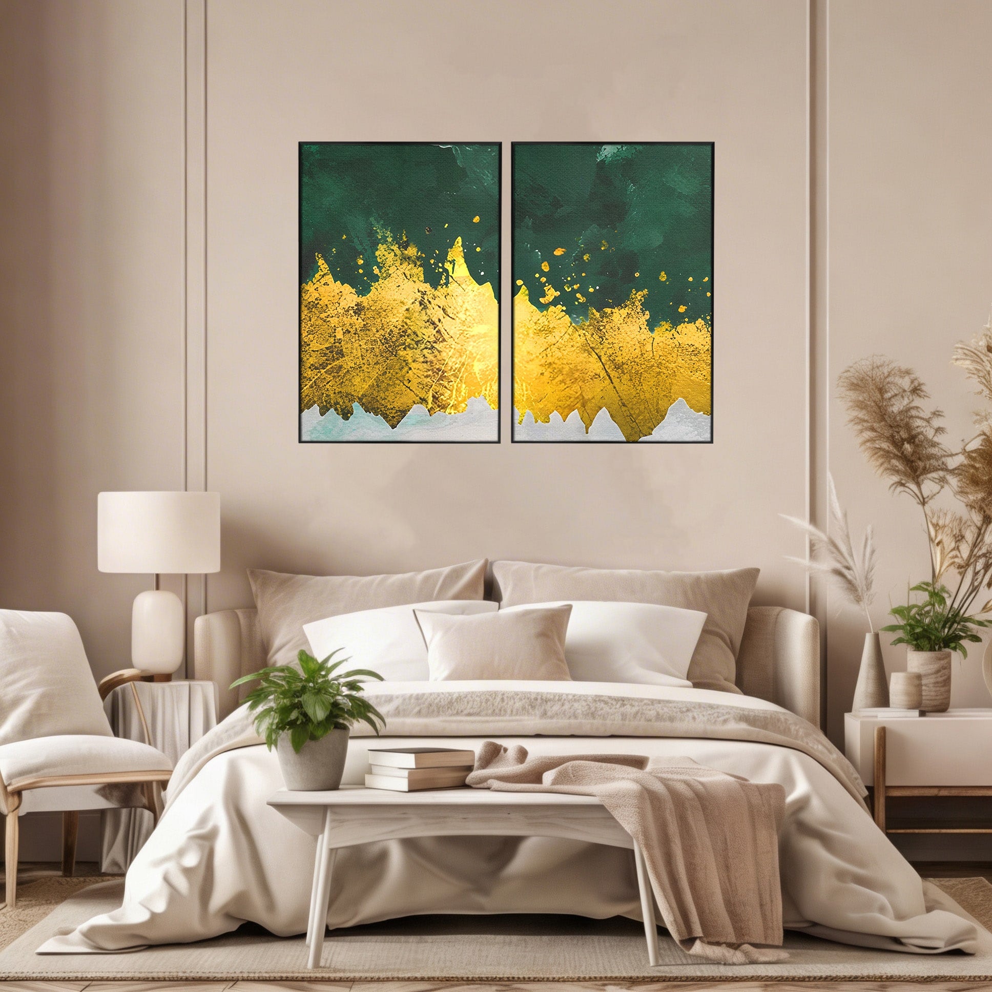 Set 2 Tablouri Canvas Premium LuxCanva® A2-1179, Green Design, Verde, Cafenea, Auriu, Culori Vibrante
