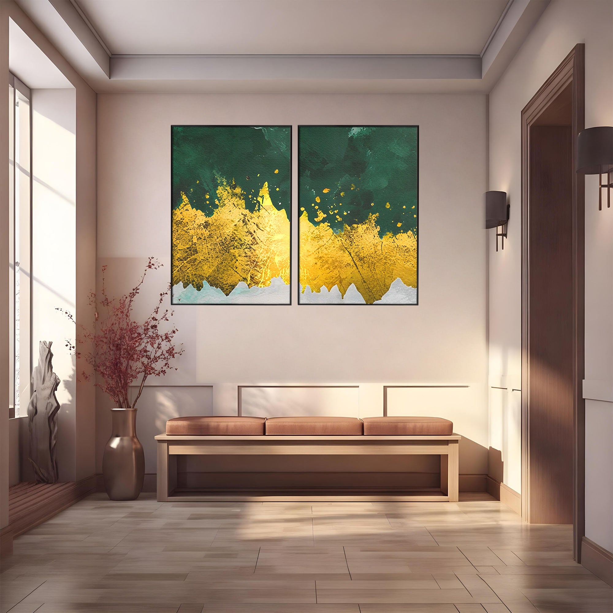 Set 2 Tablouri Canvas Premium LuxCanva® A2-1179, Green Design, Verde, Cafenea, Auriu, Culori Vibrante