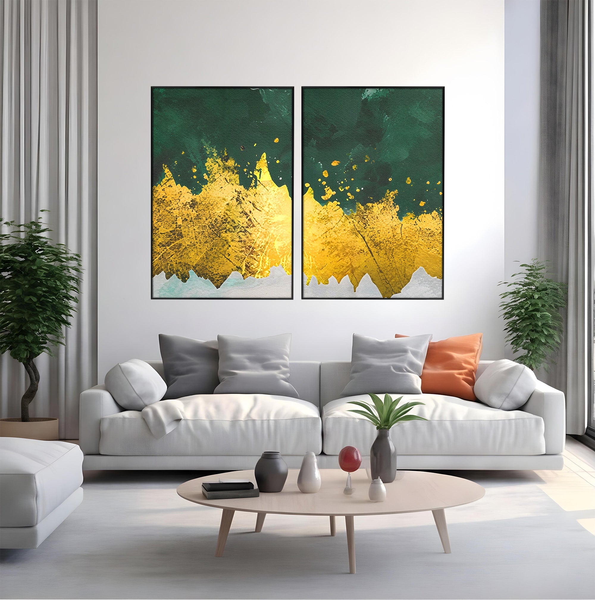 Set 2 Tablouri Canvas Premium LuxCanva® A2-1179, Green Design, Verde, Cafenea, Auriu, Culori Vibrante