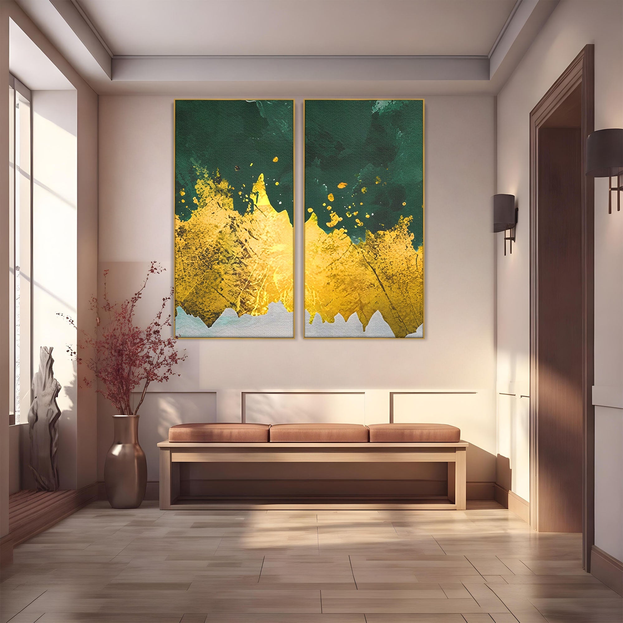 Set 2 Tablouri Canvas Premium LuxCanva® A2-1179, Green Design, Verde, Cafenea, Auriu, Culori Vibrante