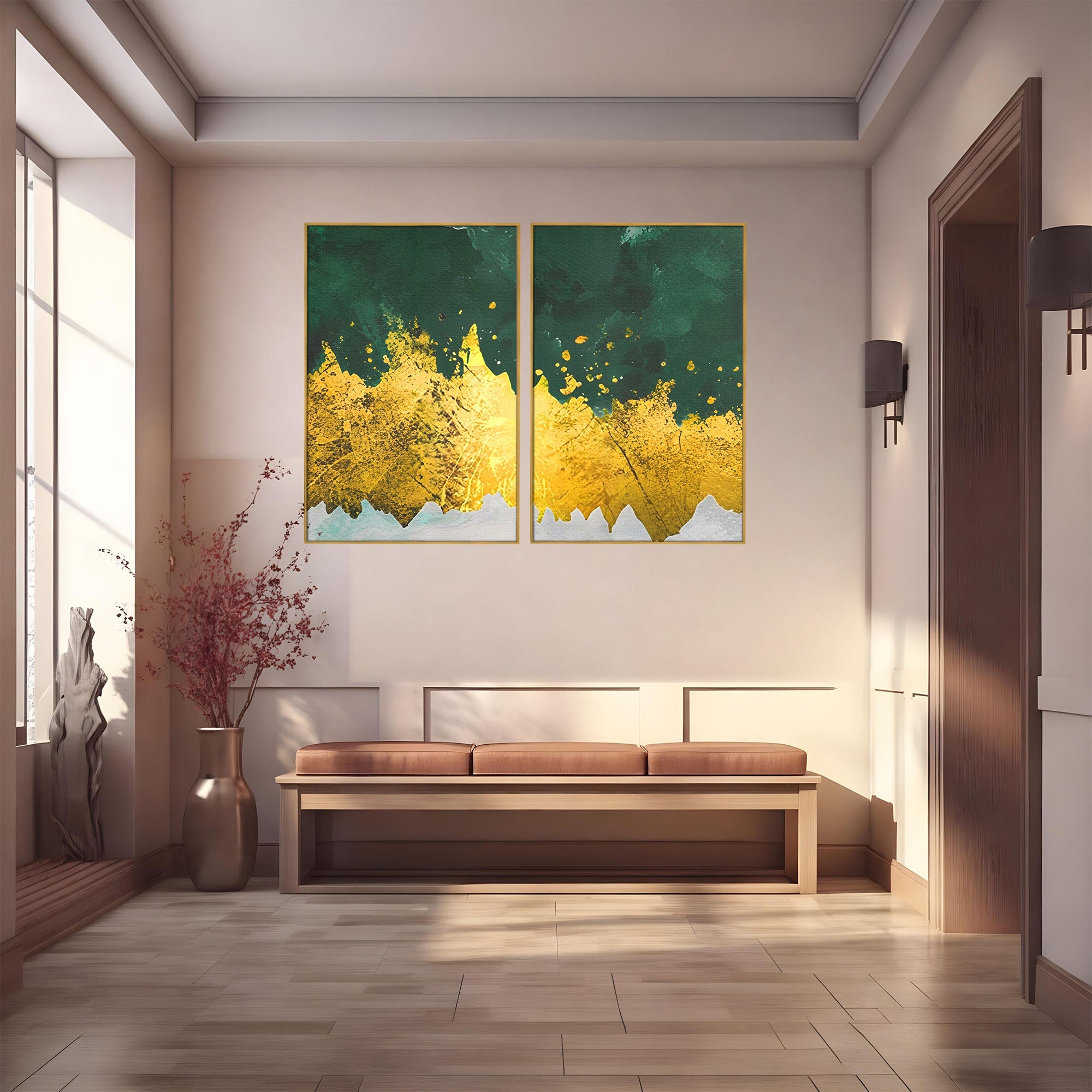 Set 2 Tablouri Canvas Premium LuxCanva® A2-1179, Green Design, Verde, Cafenea, Auriu, Culori Vibrante