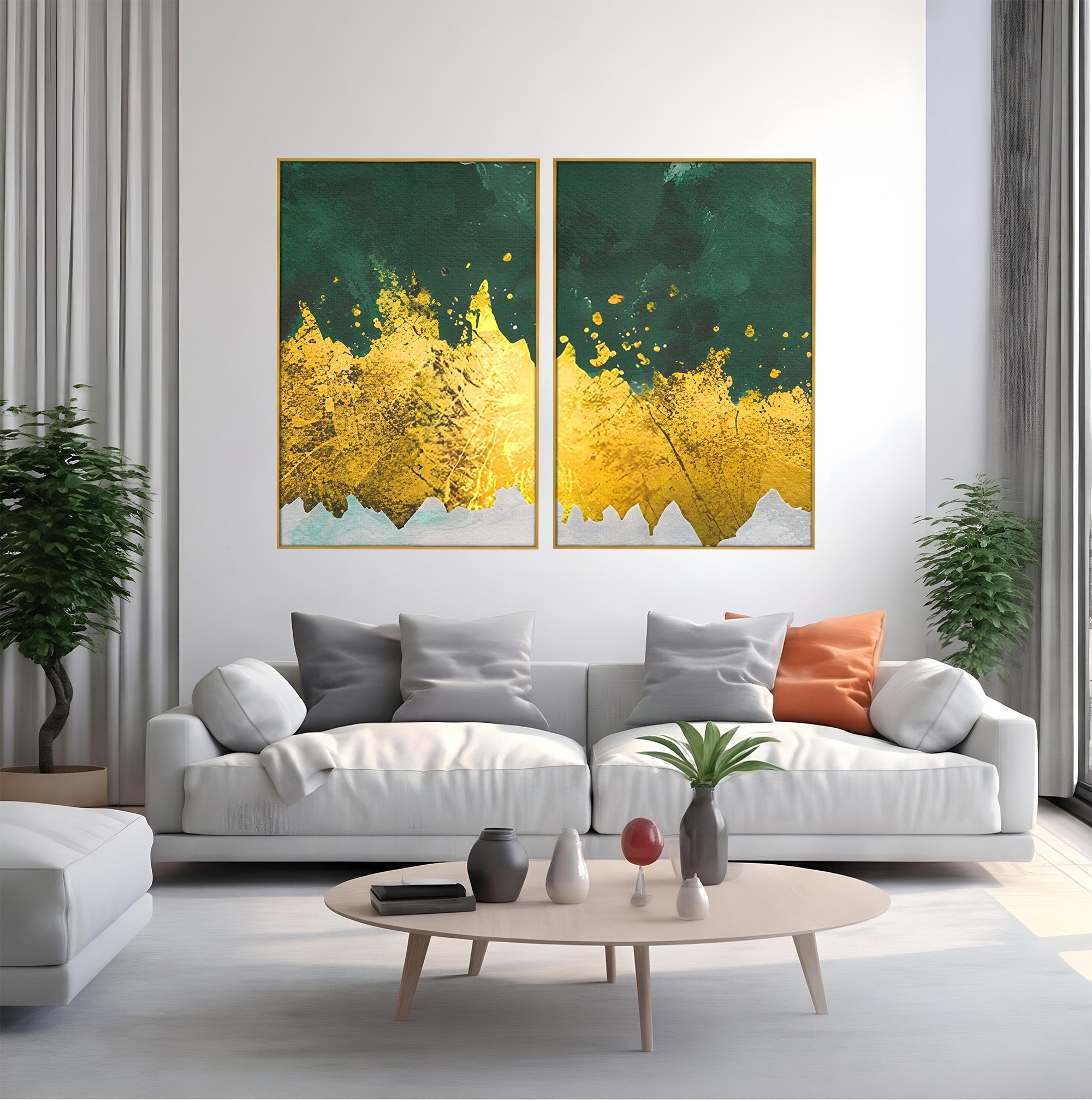 Set 2 Tablouri Canvas Premium LuxCanva® A2-1179, Green Design, Verde, Cafenea, Auriu, Culori Vibrante