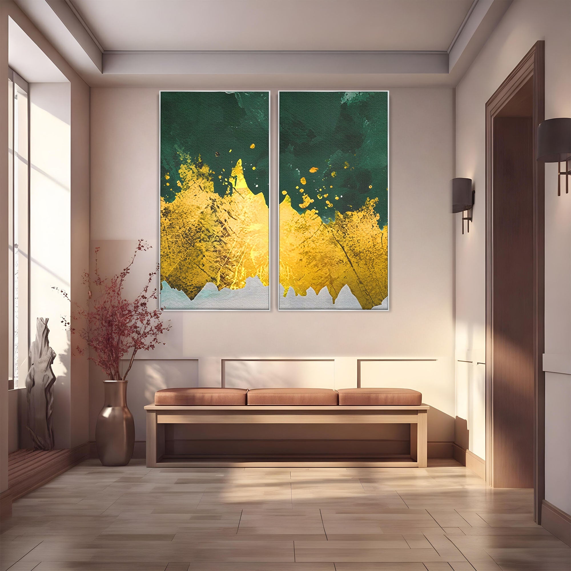 Set 2 Tablouri Canvas Premium LuxCanva® A2-1179, Green Design, Verde, Cafenea, Auriu, Culori Vibrante