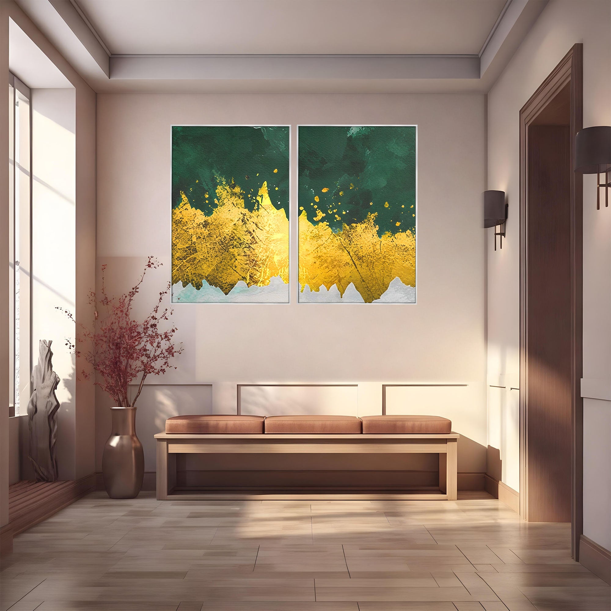 Set 2 Tablouri Canvas Premium LuxCanva® A2-1179, Green Design, Verde, Cafenea, Auriu, Culori Vibrante