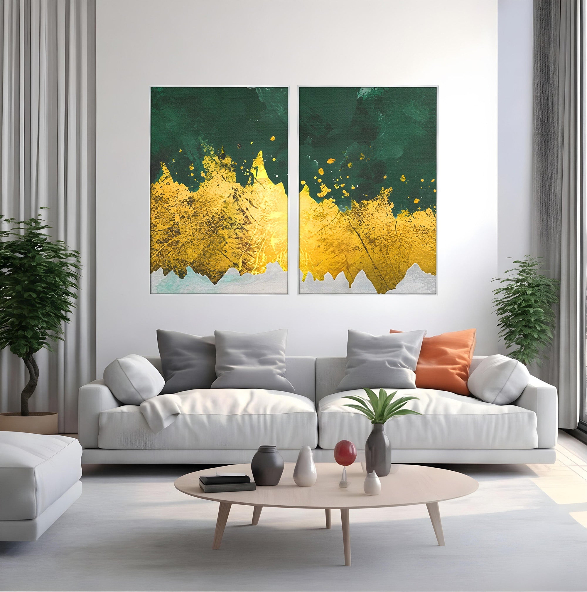 Set 2 Tablouri Canvas Premium LuxCanva® A2-1179, Green Design, Verde, Cafenea, Auriu, Culori Vibrante