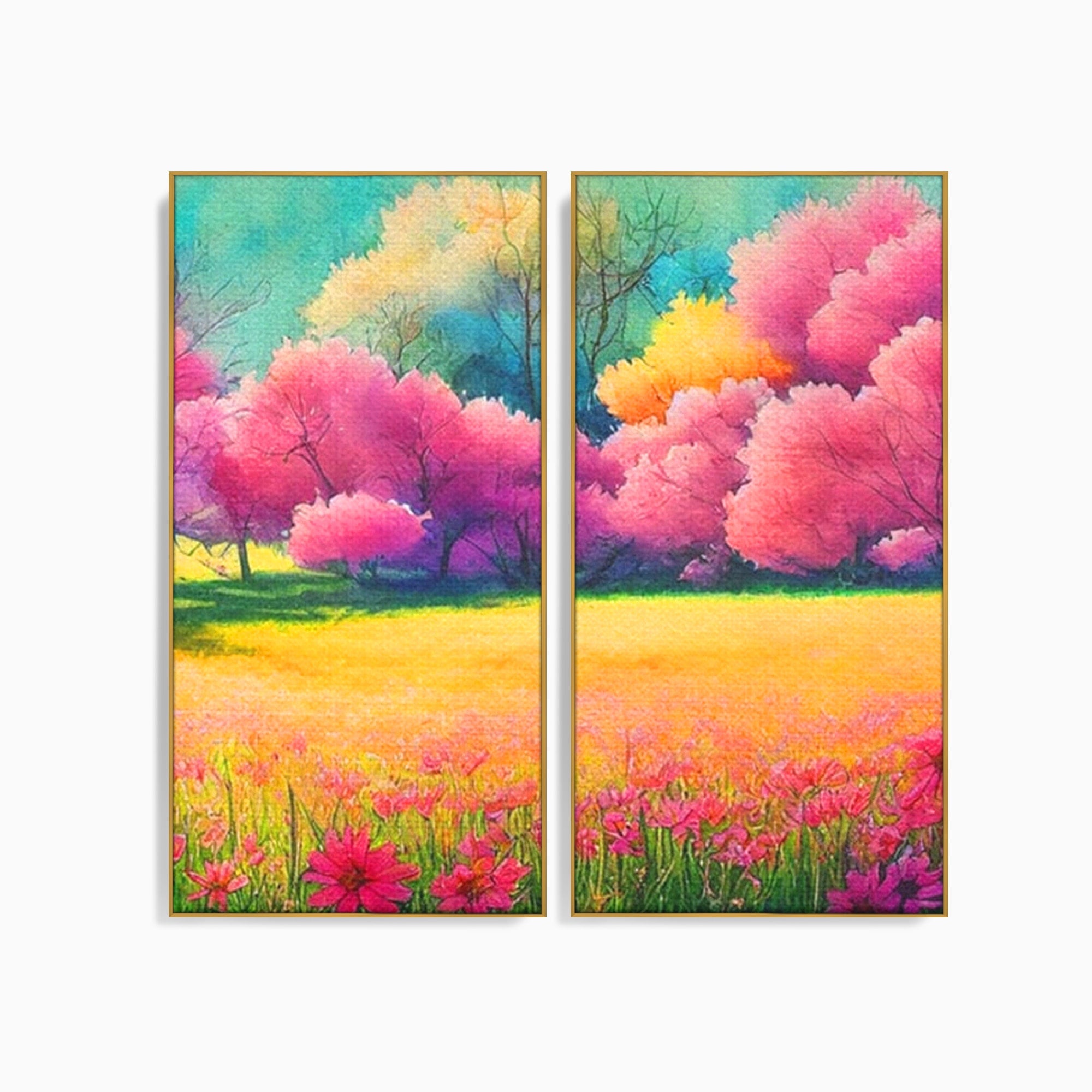 Set 2 Tablouri Canvas Premium LuxCanva® A2-1277, Copaci Roz, Living, Flori, Campie, Arbori, Cer, Dormitor, Culori Vibrante