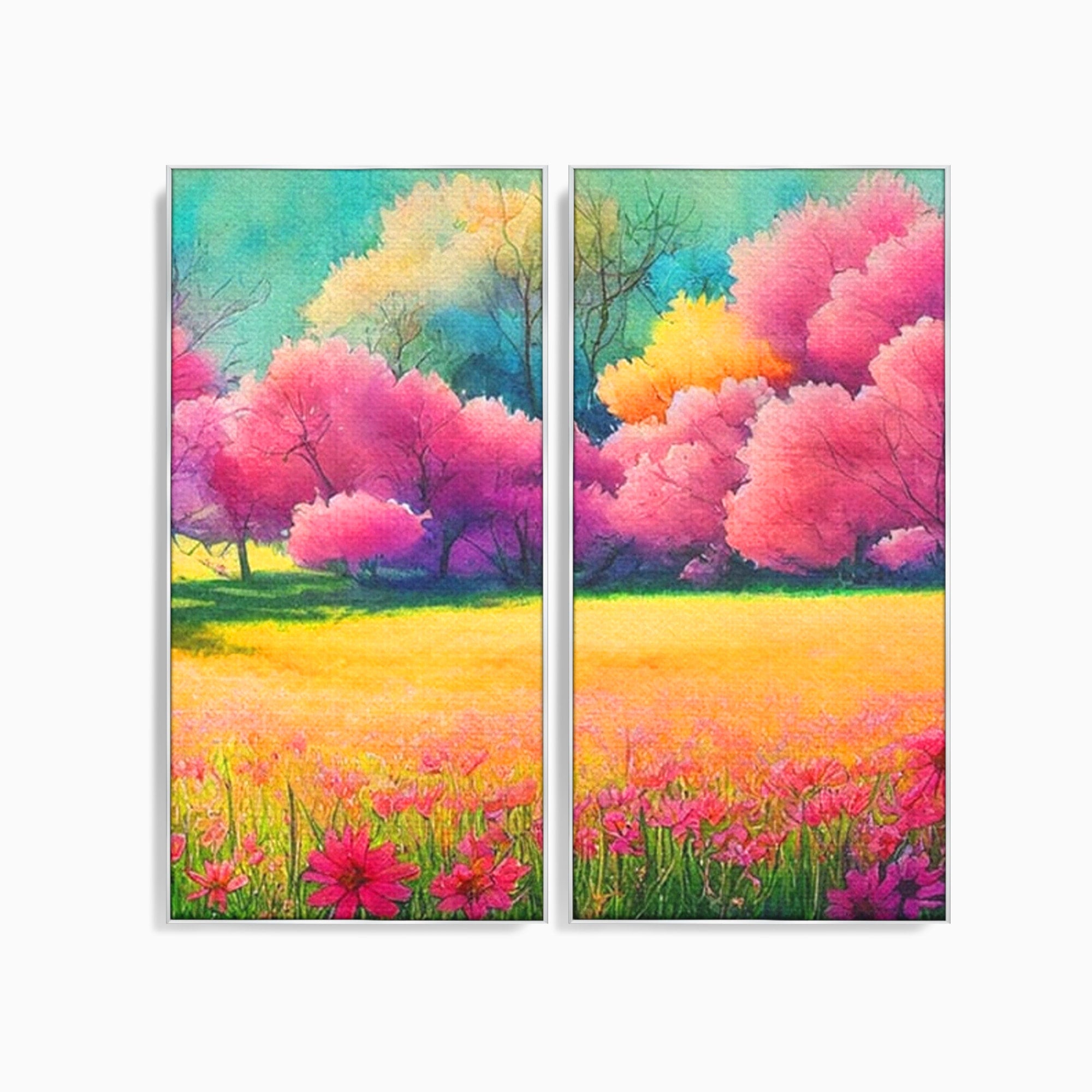 Set 2 Tablouri Canvas Premium LuxCanva® A2-1277, Copaci Roz, Living, Flori, Campie, Arbori, Cer, Dormitor, Culori Vibrante