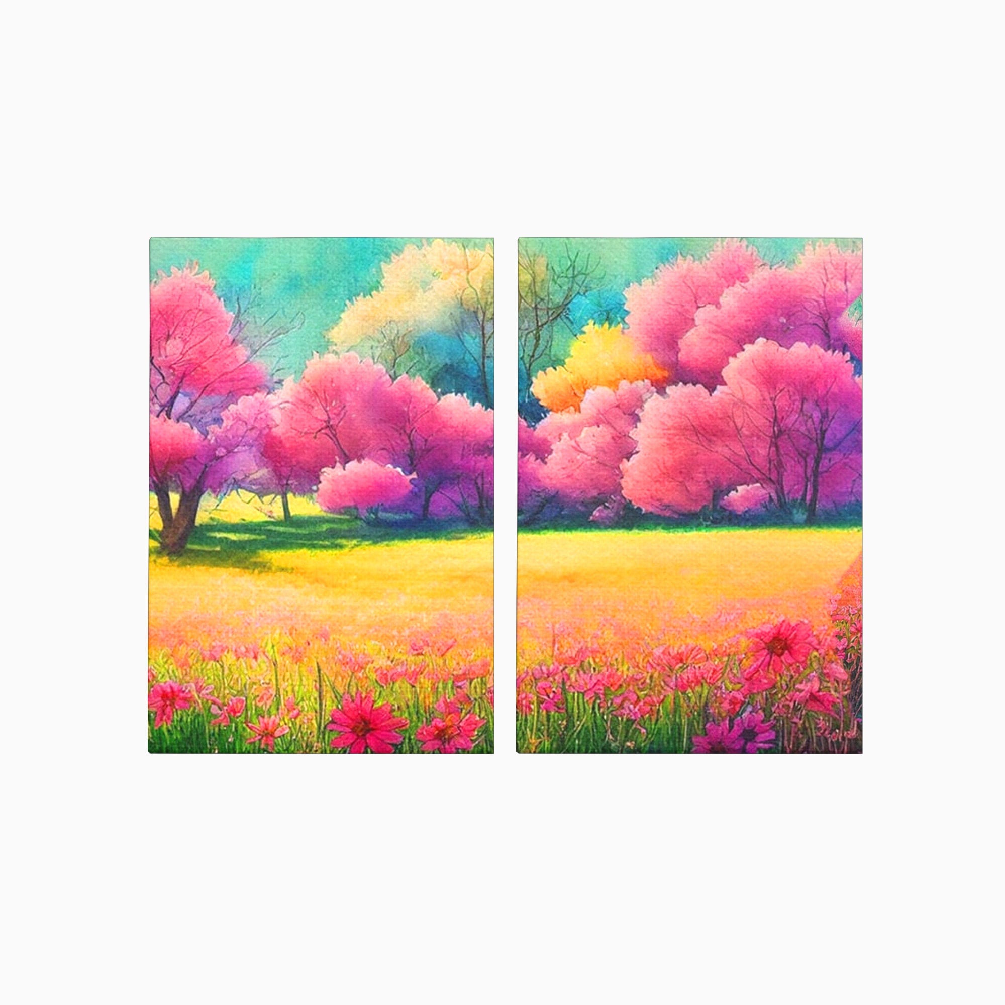 Set 2 Tablouri Canvas Premium LuxCanva® A2-1277, Copaci Roz, Living, Flori, Campie, Arbori, Cer, Dormitor, Culori Vibrante
