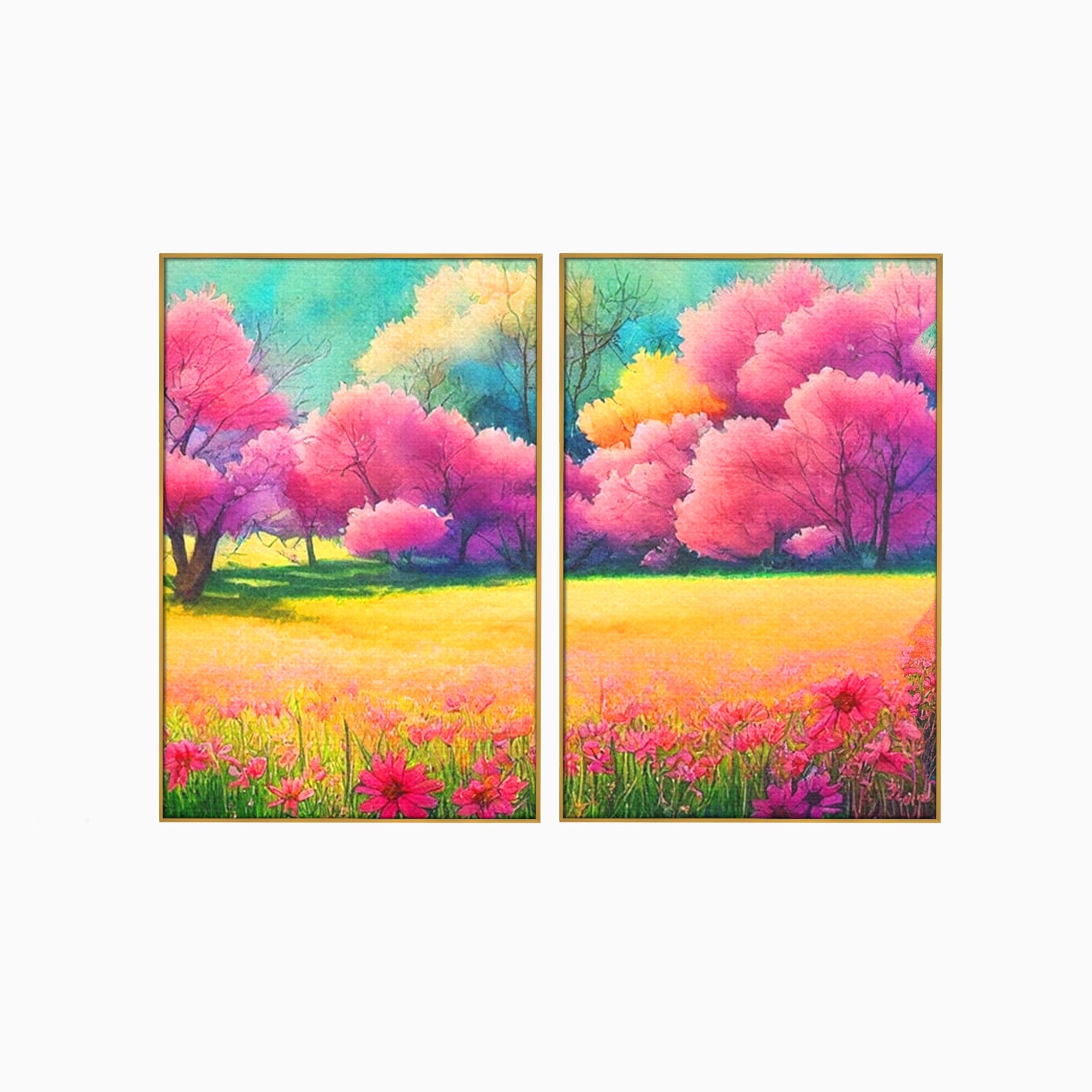 Set 2 Tablouri Canvas Premium LuxCanva® A2-1277, Copaci Roz, Living, Flori, Campie, Arbori, Cer, Dormitor, Culori Vibrante