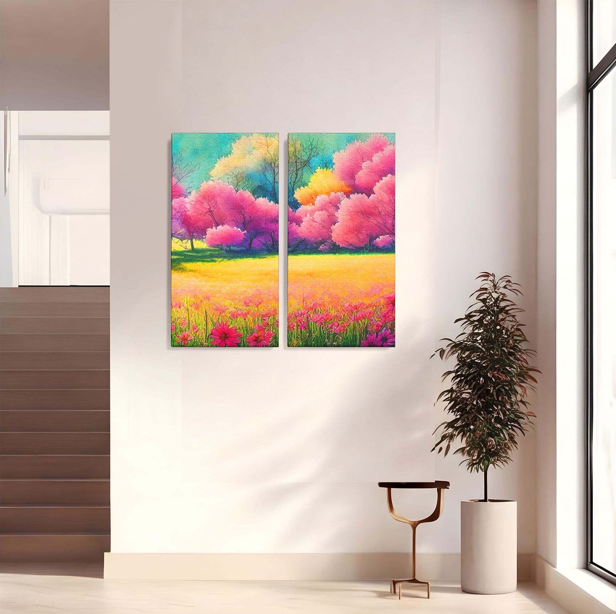 Set 2 Tablouri Canvas Premium LuxCanva® A2-1277, Copaci Roz, Living, Flori, Campie, Arbori, Cer, Dormitor, Culori Vibrante