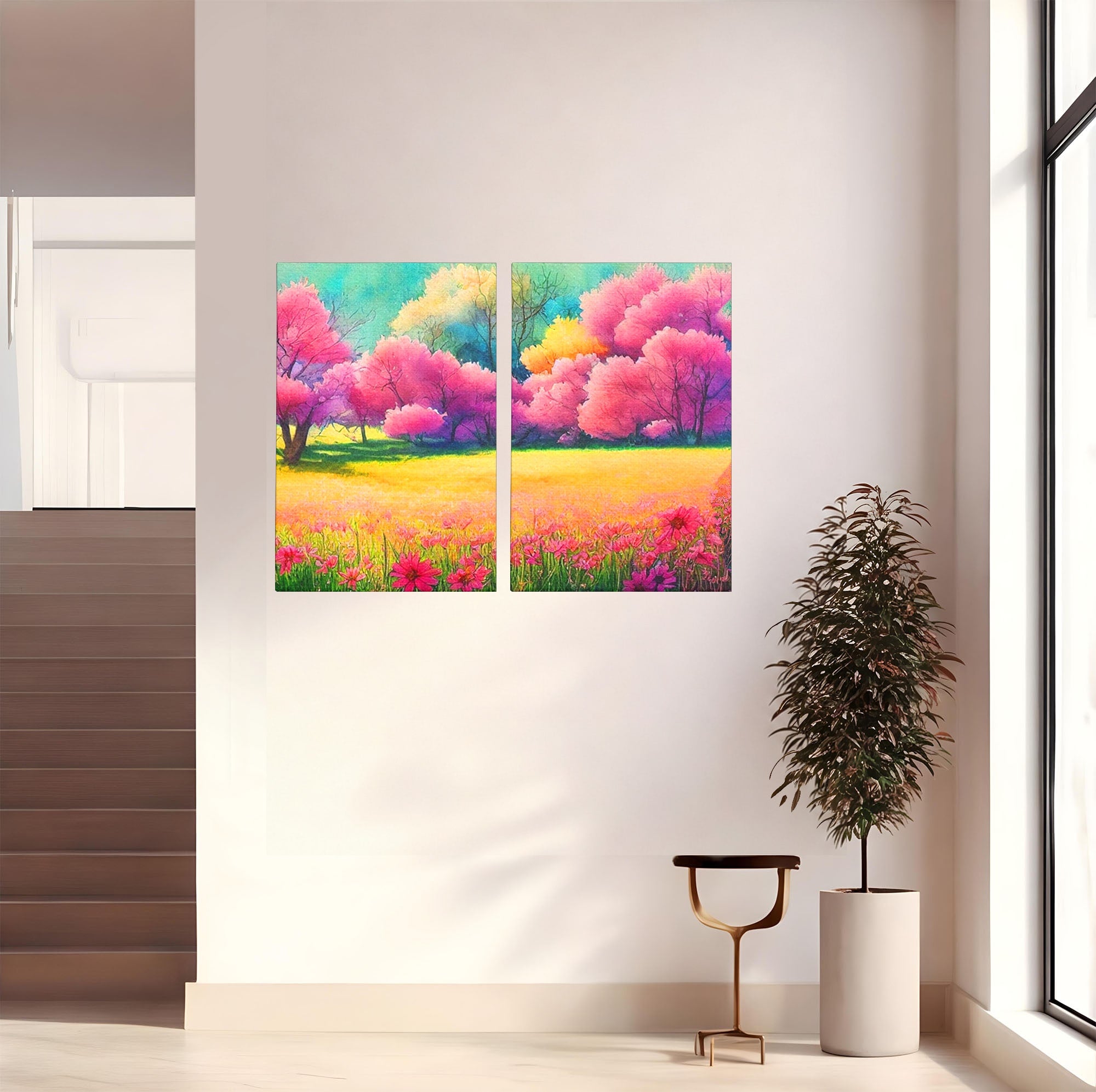 Set 2 Tablouri Canvas Premium LuxCanva® A2-1277, Copaci Roz, Living, Flori, Campie, Arbori, Cer, Dormitor, Culori Vibrante
