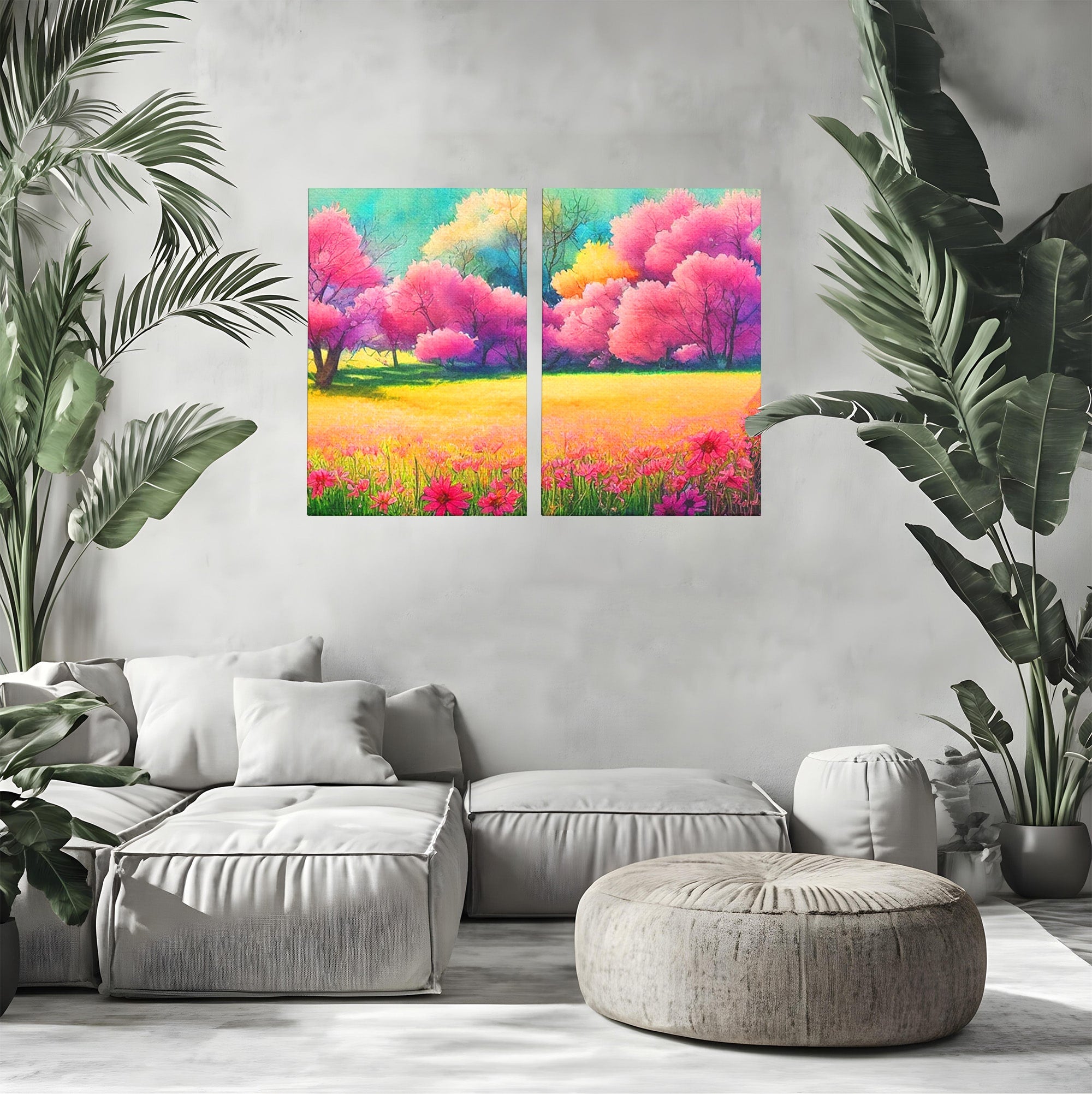 Set 2 Tablouri Canvas Premium LuxCanva® A2-1277, Copaci Roz, Living, Flori, Campie, Arbori, Cer, Dormitor, Culori Vibrante