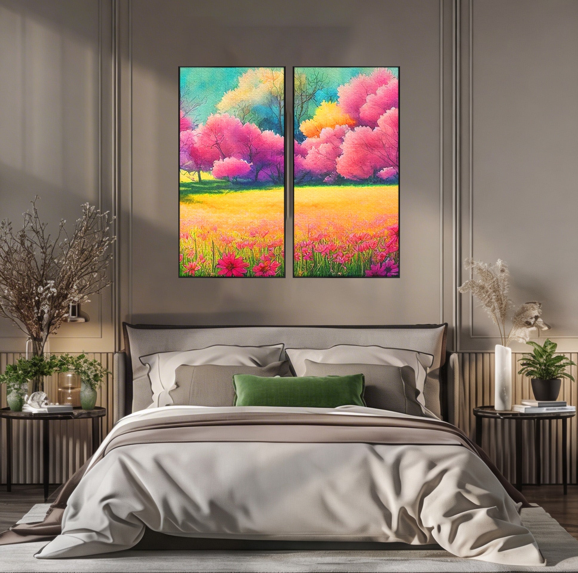 Set 2 Tablouri Canvas Premium LuxCanva® A2-1277, Copaci Roz, Living, Flori, Campie, Arbori, Cer, Dormitor, Culori Vibrante