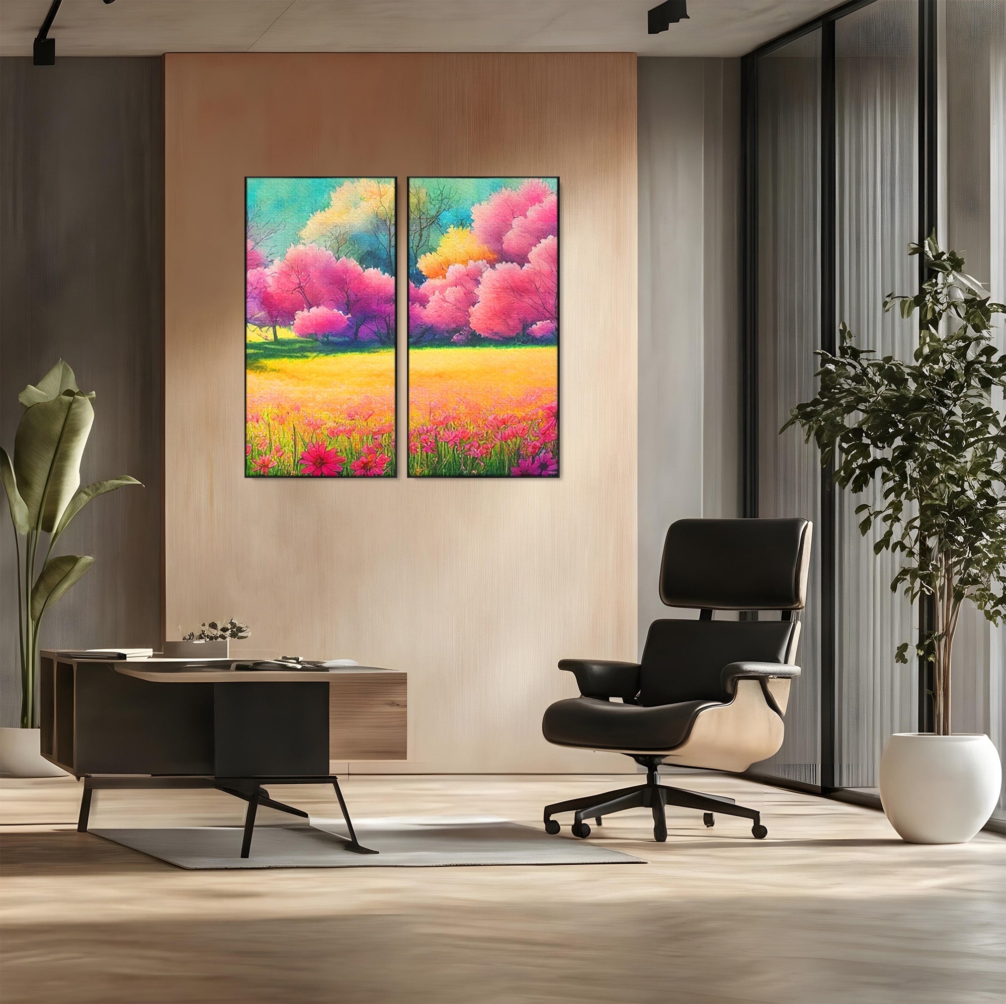 Set 2 Tablouri Canvas Premium LuxCanva® A2-1277, Copaci Roz, Living, Flori, Campie, Arbori, Cer, Dormitor, Culori Vibrante