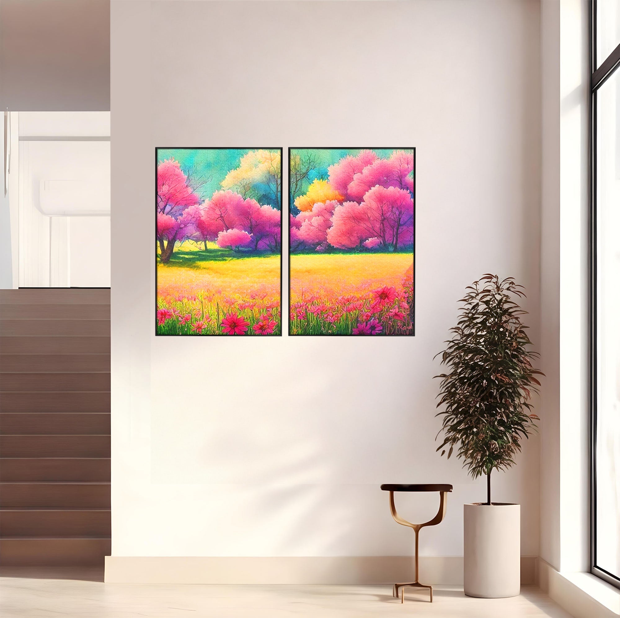 Set 2 Tablouri Canvas Premium LuxCanva® A2-1277, Copaci Roz, Living, Flori, Campie, Arbori, Cer, Dormitor, Culori Vibrante