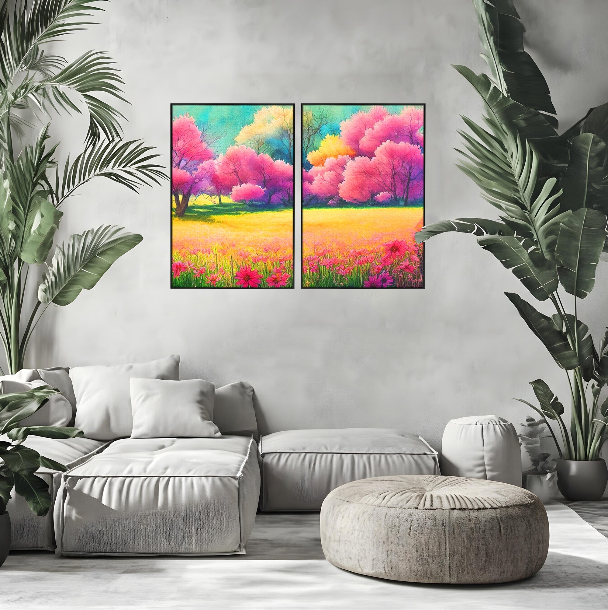 Set 2 Tablouri Canvas Premium LuxCanva® A2-1277, Copaci Roz, Living, Flori, Campie, Arbori, Cer, Dormitor, Culori Vibrante