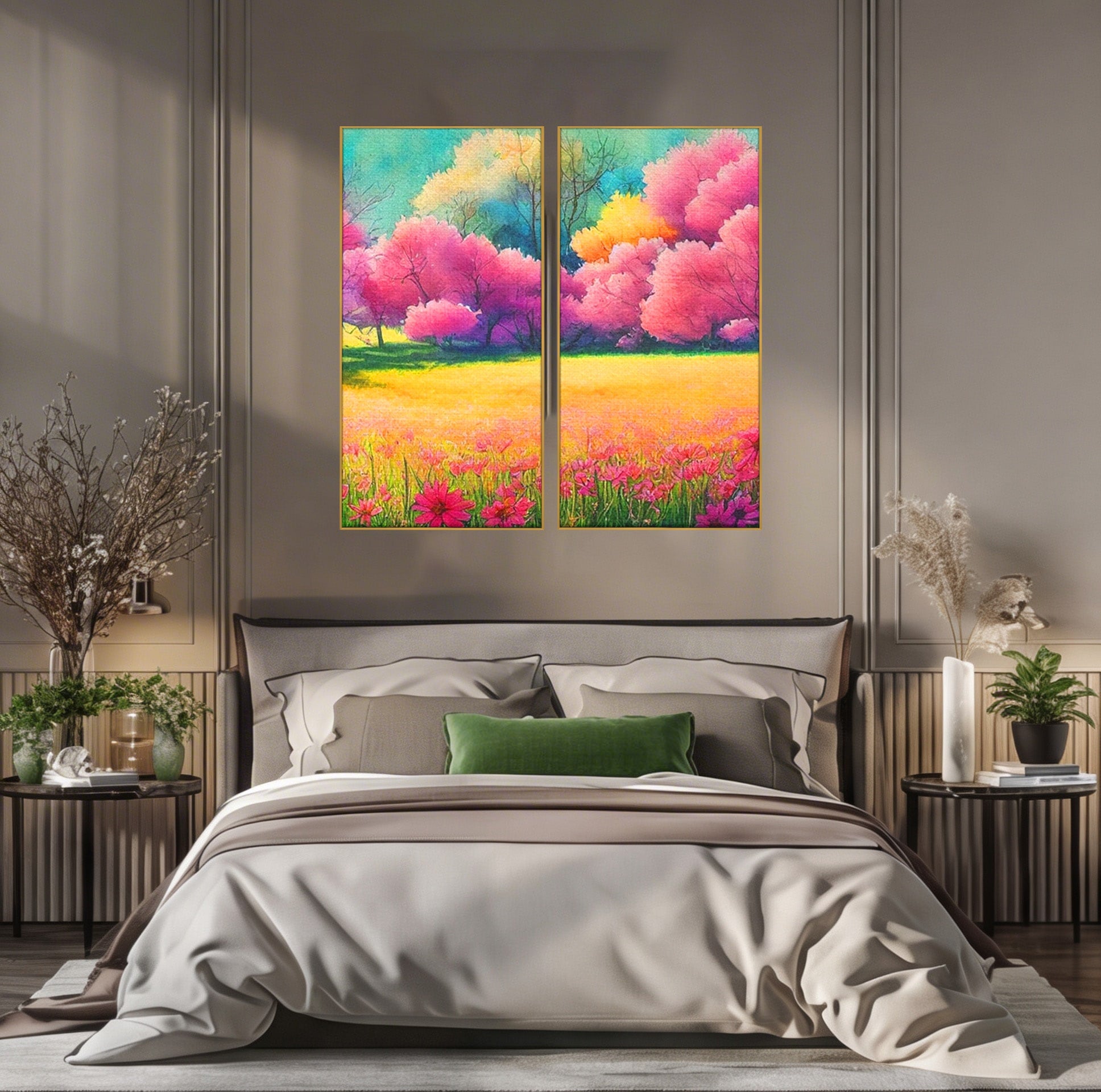 Set 2 Tablouri Canvas Premium LuxCanva® A2-1277, Copaci Roz, Living, Flori, Campie, Arbori, Cer, Dormitor, Culori Vibrante