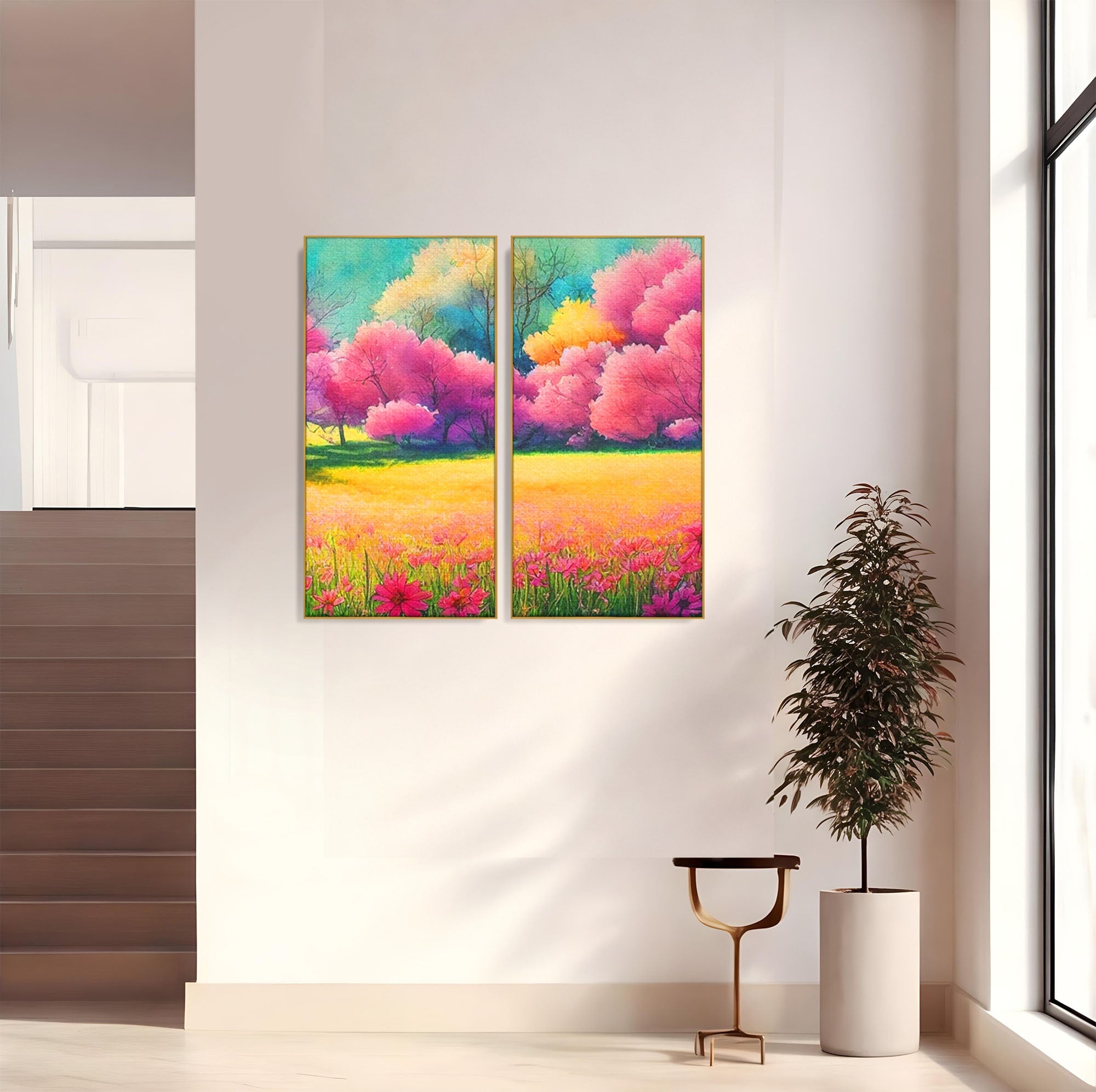 Set 2 Tablouri Canvas Premium LuxCanva® A2-1277, Copaci Roz, Living, Flori, Campie, Arbori, Cer, Dormitor, Culori Vibrante