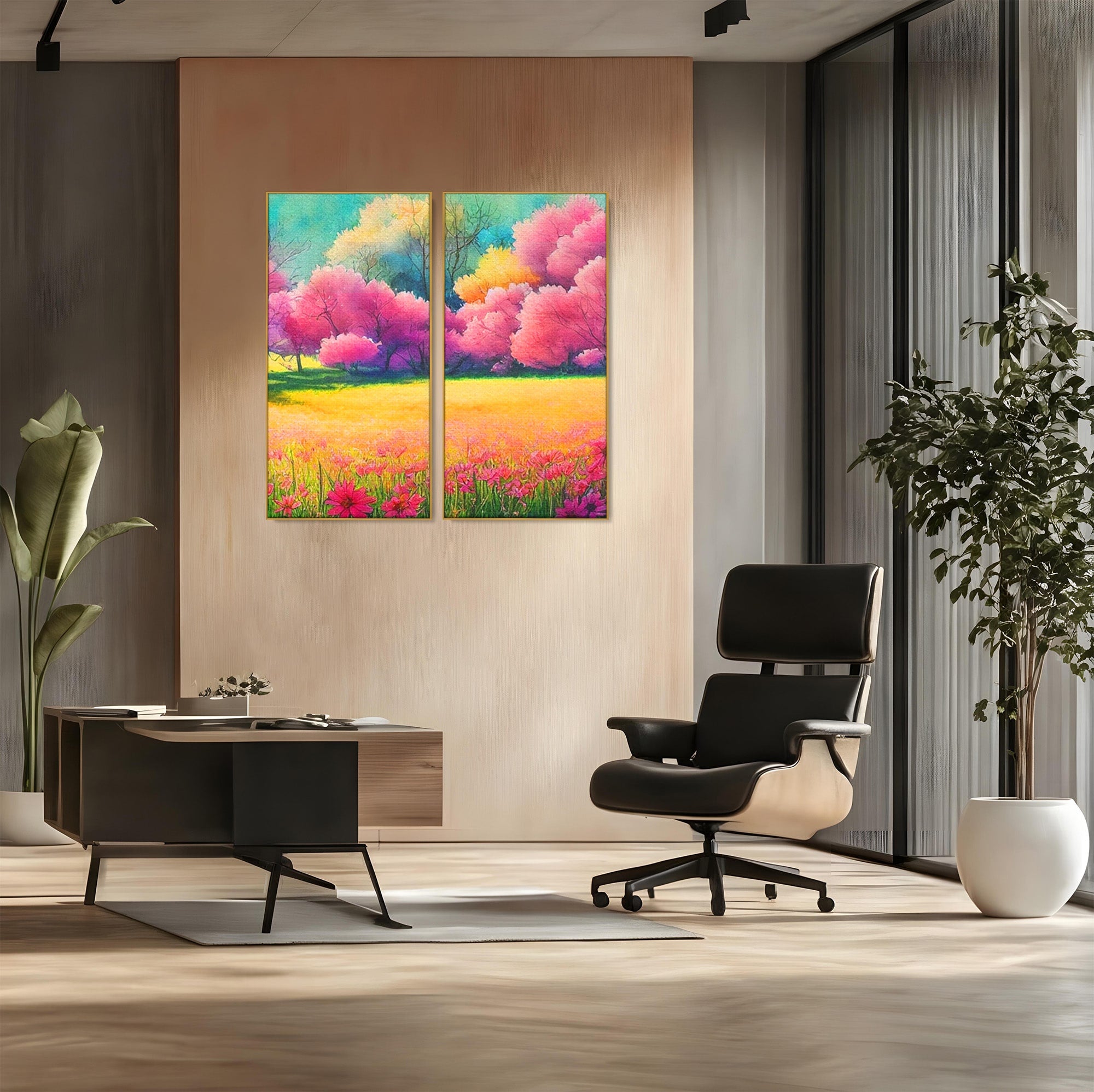 Set 2 Tablouri Canvas Premium LuxCanva® A2-1277, Copaci Roz, Living, Flori, Campie, Arbori, Cer, Dormitor, Culori Vibrante