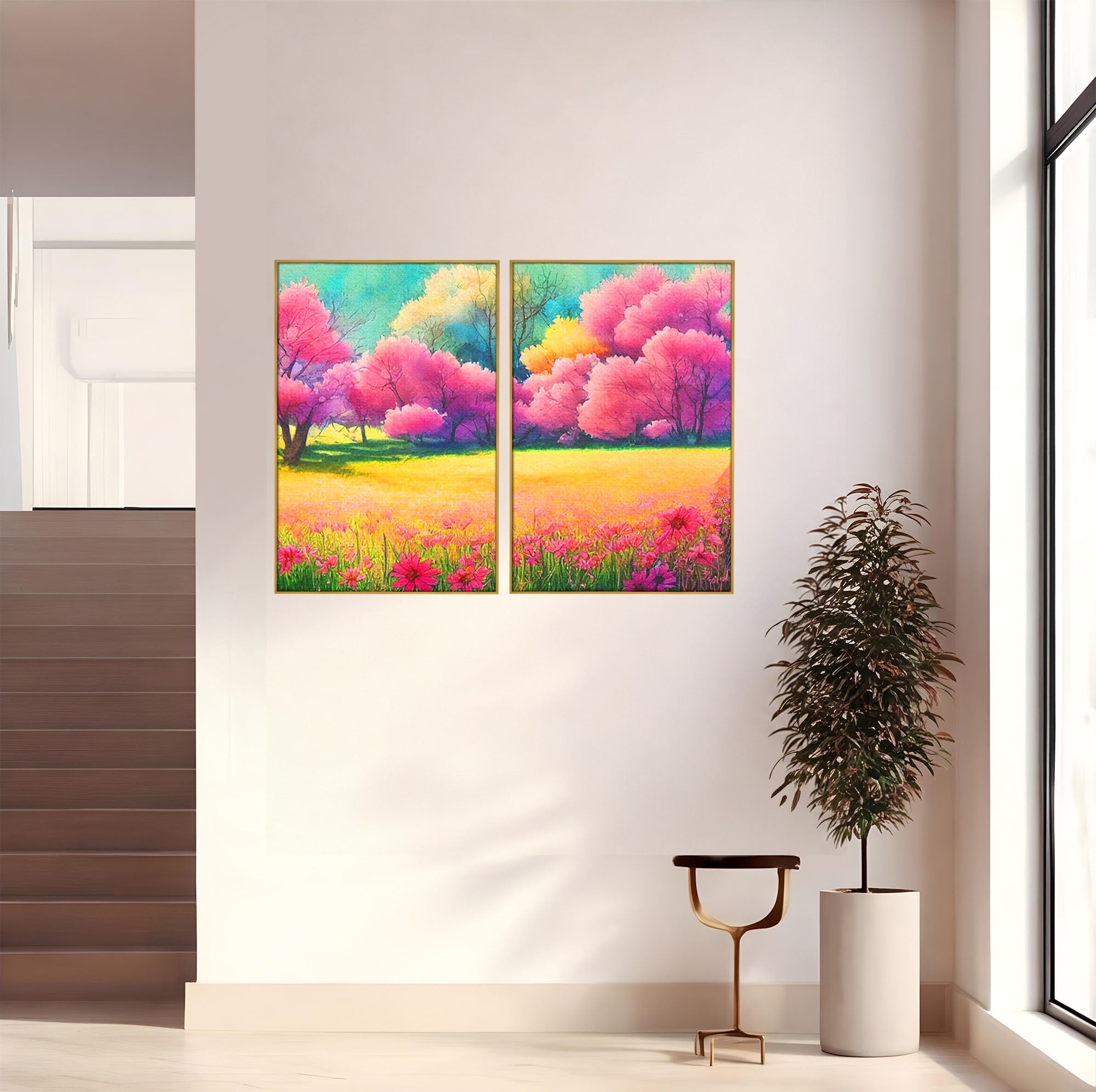 Set 2 Tablouri Canvas Premium LuxCanva® A2-1277, Copaci Roz, Living, Flori, Campie, Arbori, Cer, Dormitor, Culori Vibrante
