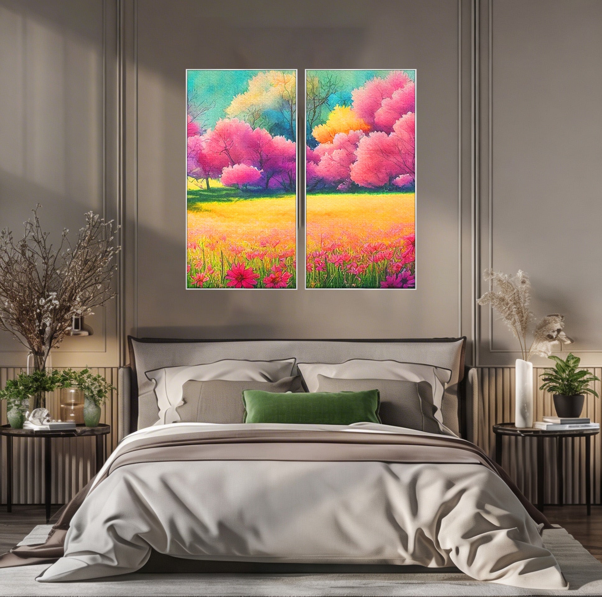 Set 2 Tablouri Canvas Premium LuxCanva® A2-1277, Copaci Roz, Living, Flori, Campie, Arbori, Cer, Dormitor, Culori Vibrante
