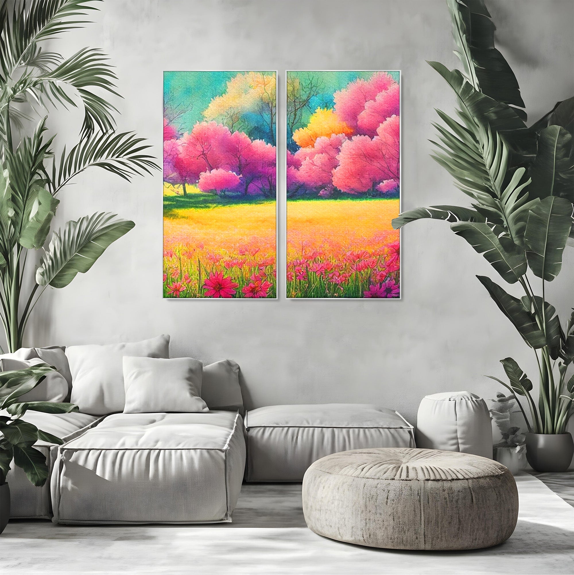 Set 2 Tablouri Canvas Premium LuxCanva® A2-1277, Copaci Roz, Living, Flori, Campie, Arbori, Cer, Dormitor, Culori Vibrante
